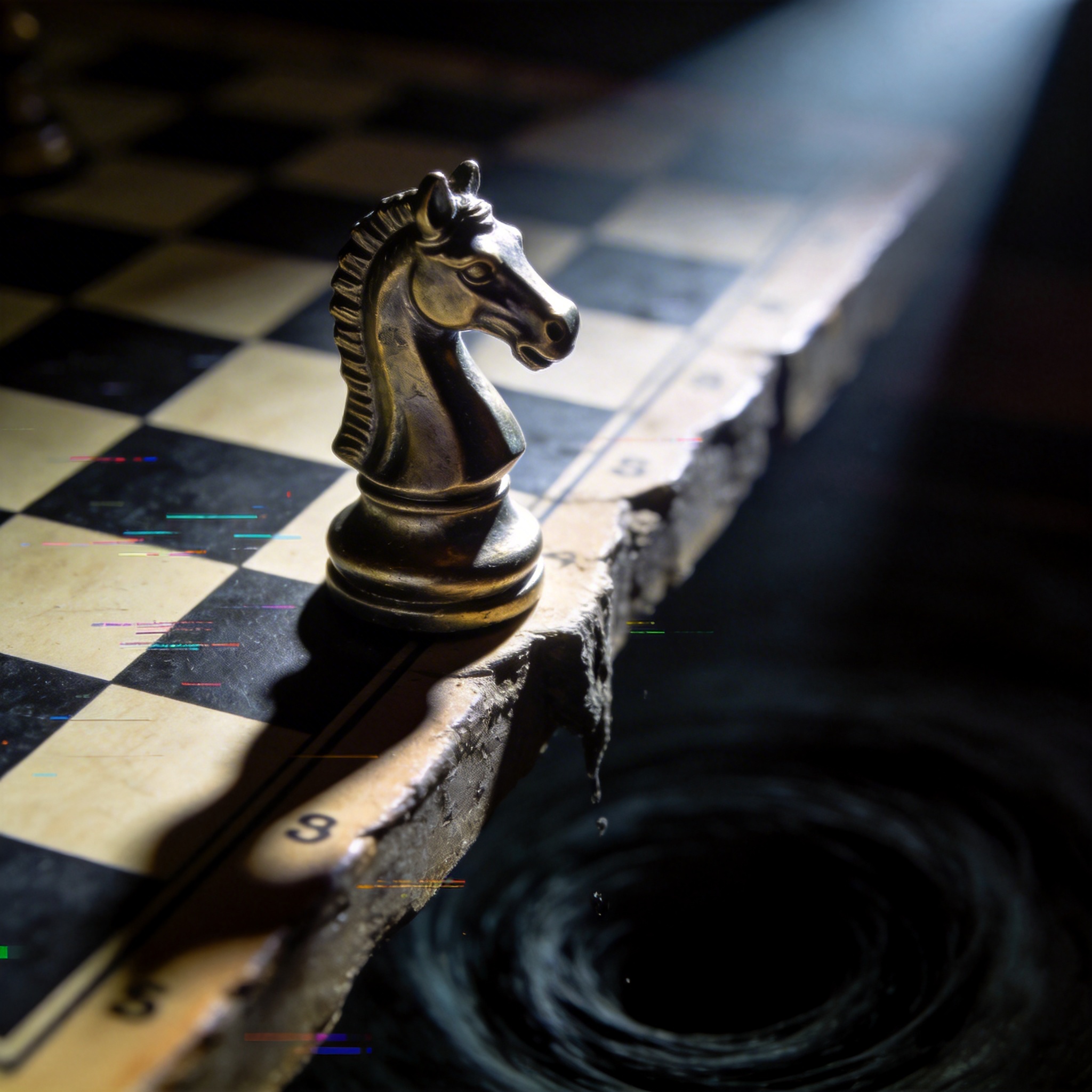 A chess knight on the edge of a board, symbolizing the precarious state of AI safety and resignations.