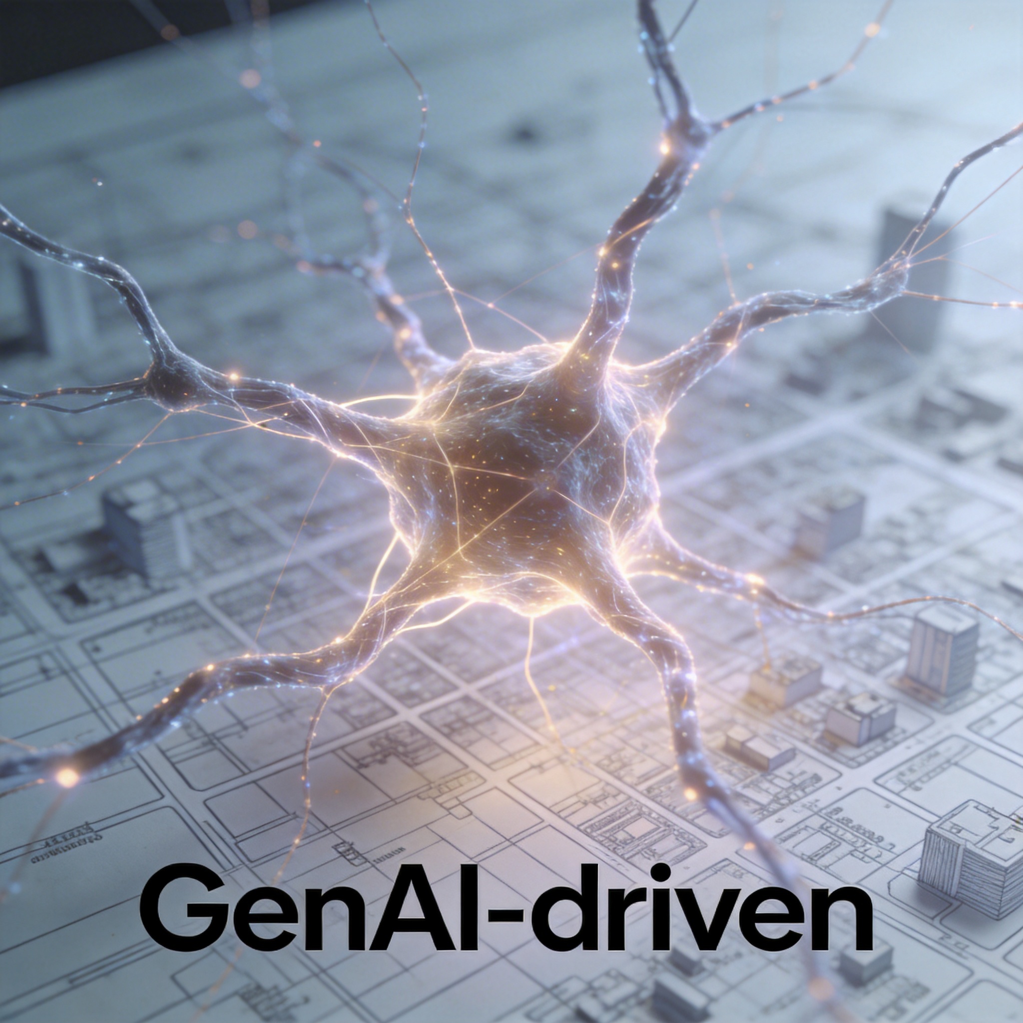 Abstract glowing neural network over a city blueprint, representing Uber's GenAI strategy.
