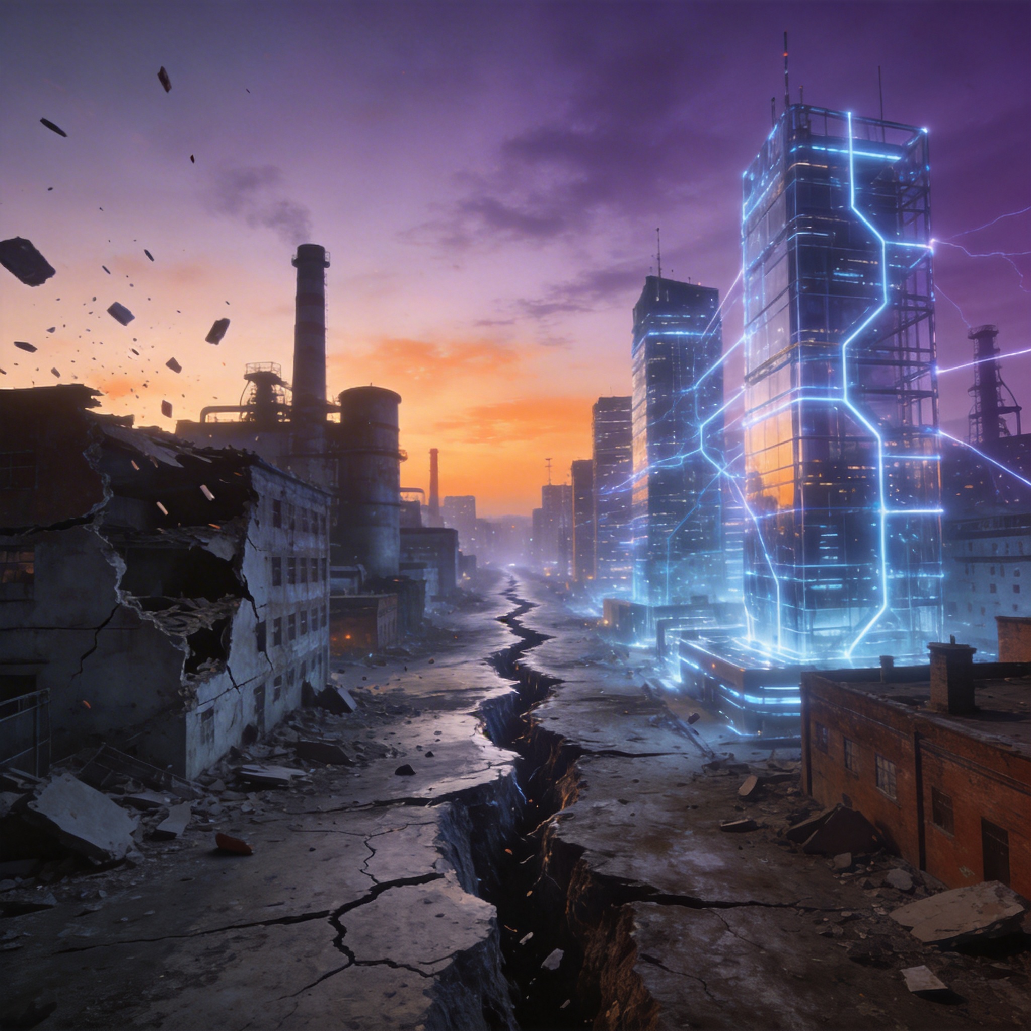 Digital fault line through a cityscape, symbolizing the shifting economic landscape due to AI.
