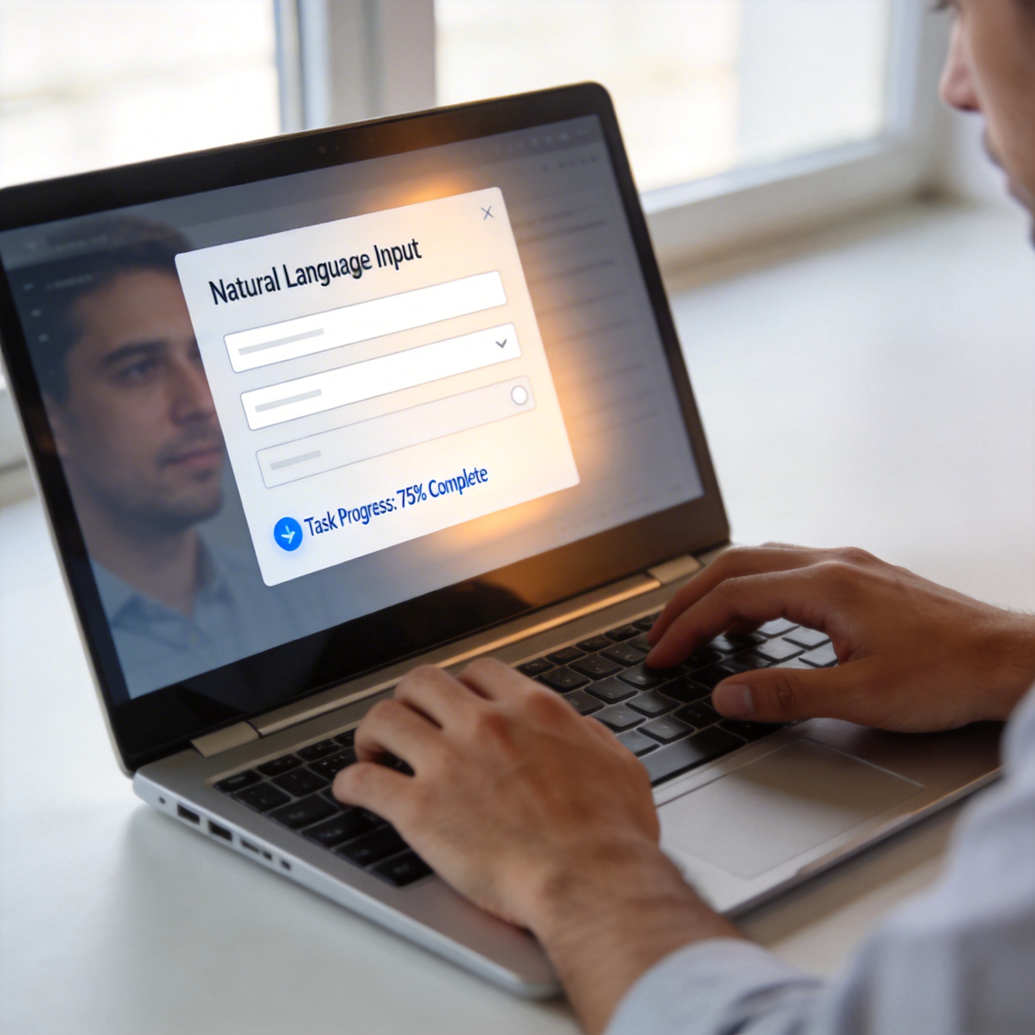 Office worker interacting with a Windows laptop, showing a natural language interface for task automation.