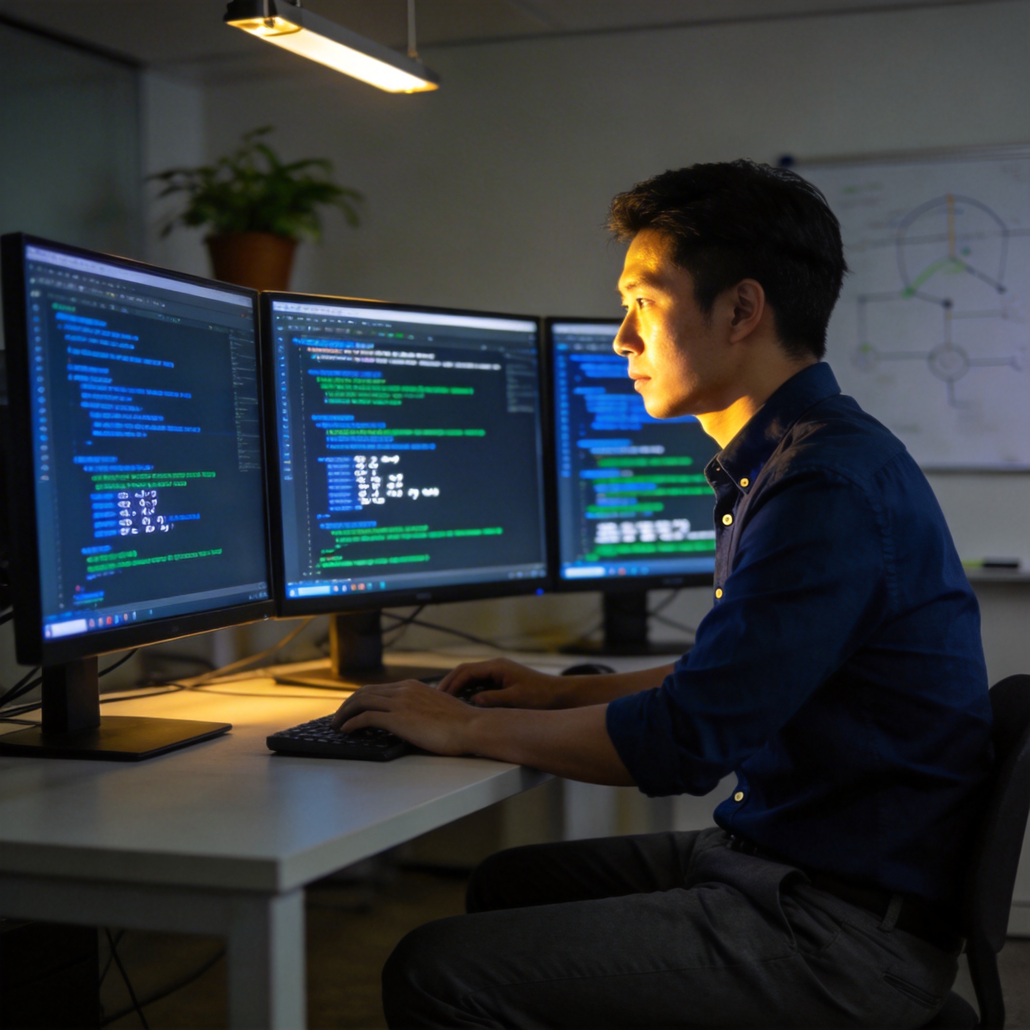 Software developer coding on multiple monitors in a focused, professional setting.
