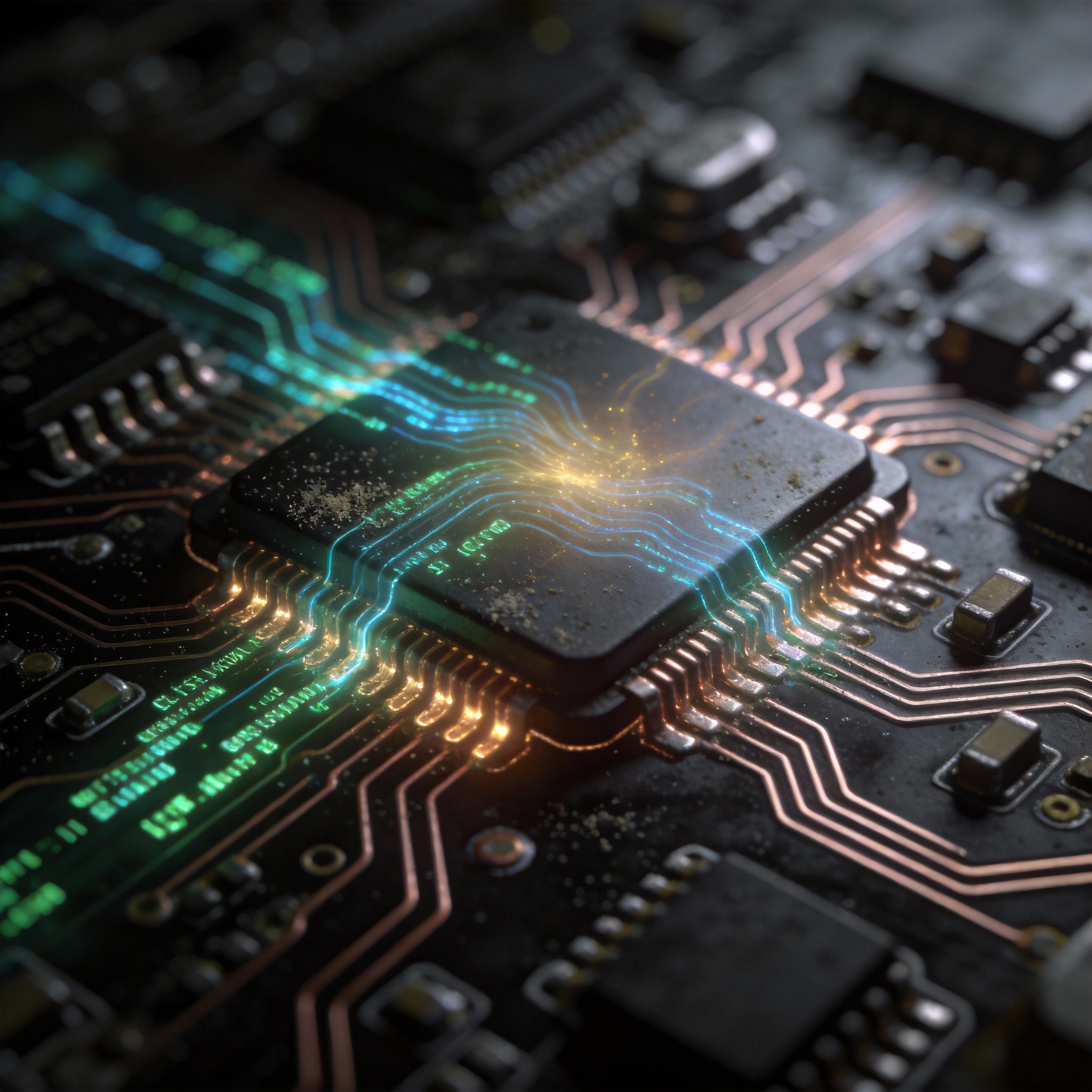 Close-up of a circuit board with projected code, representing local AI operations and system access.