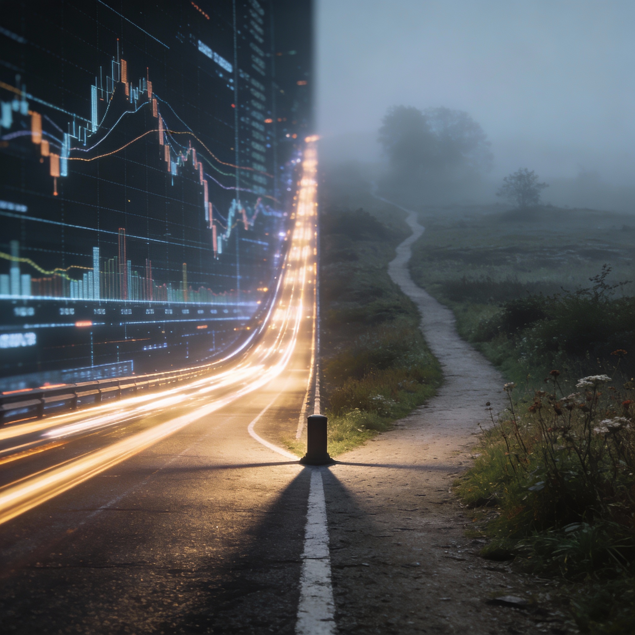 Two diverging paths symbolizing commercialization versus long-term research in AI.