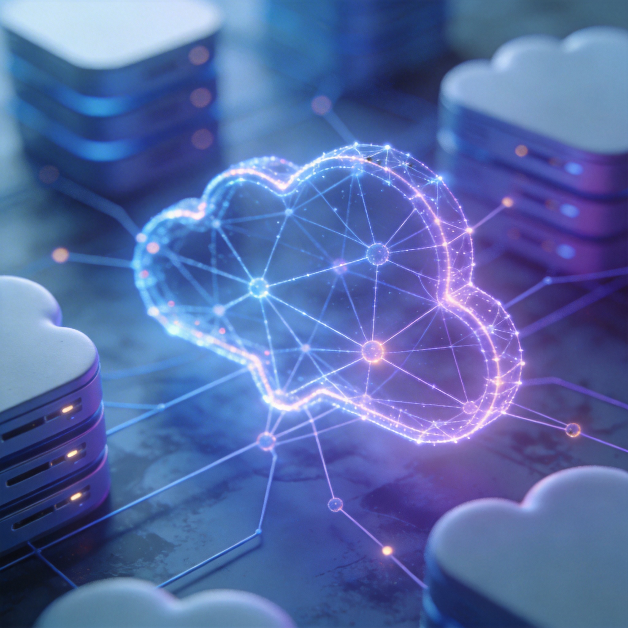 Abstract glowing neural network diagram over cloud server graphics, representing cloud-based AI processing.