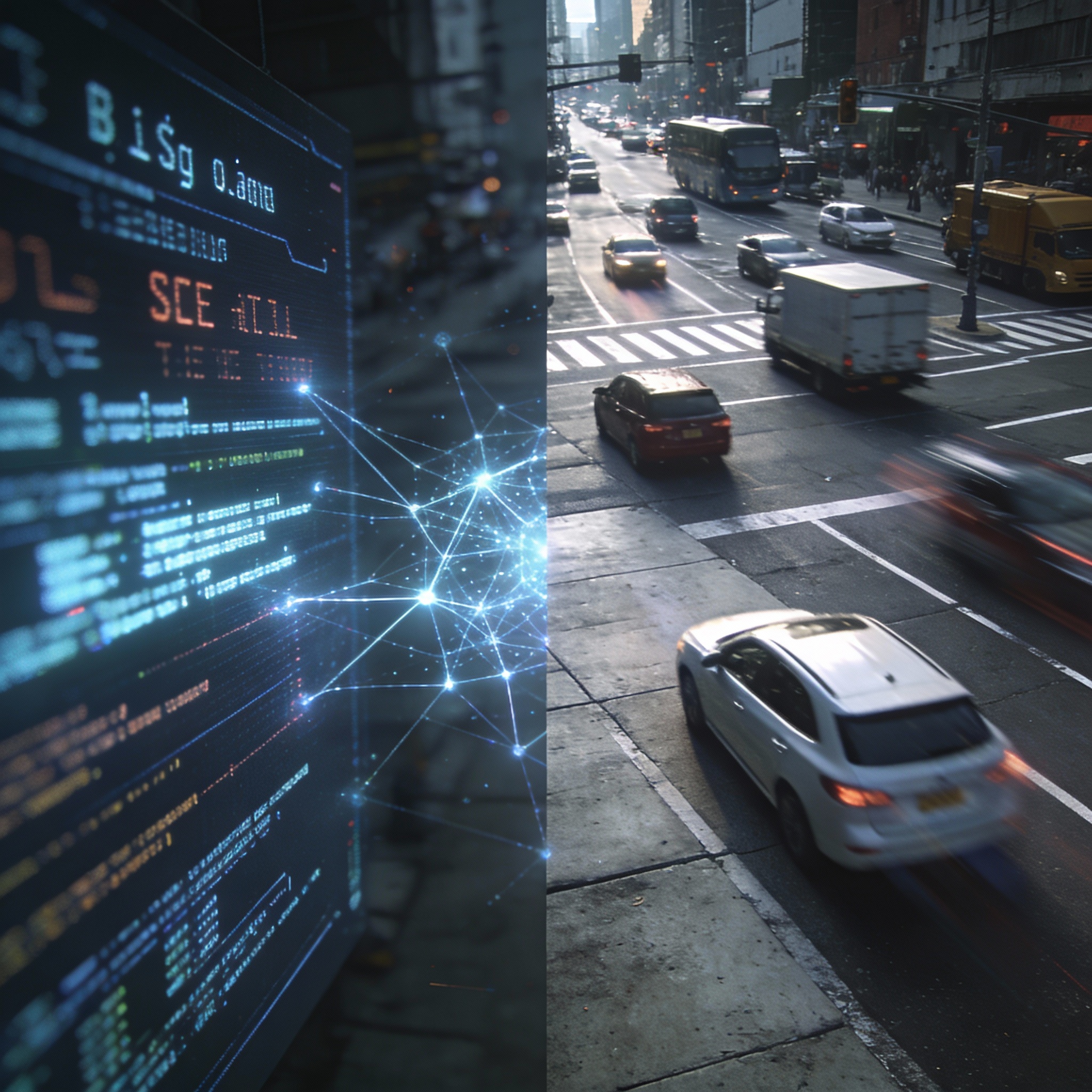 A visual metaphor contrasting digital language interfaces with a self-driving car navigating a busy city intersection, connected by neural network lines.