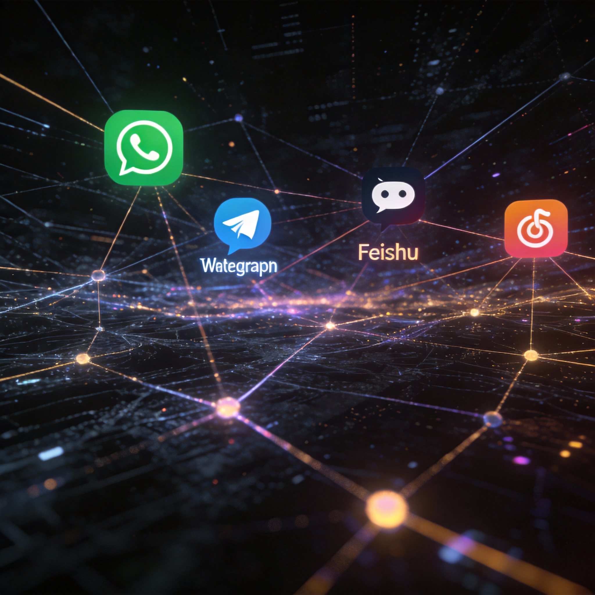 Abstract network connecting logos of WhatsApp, Telegram, Discord, and Feishu.