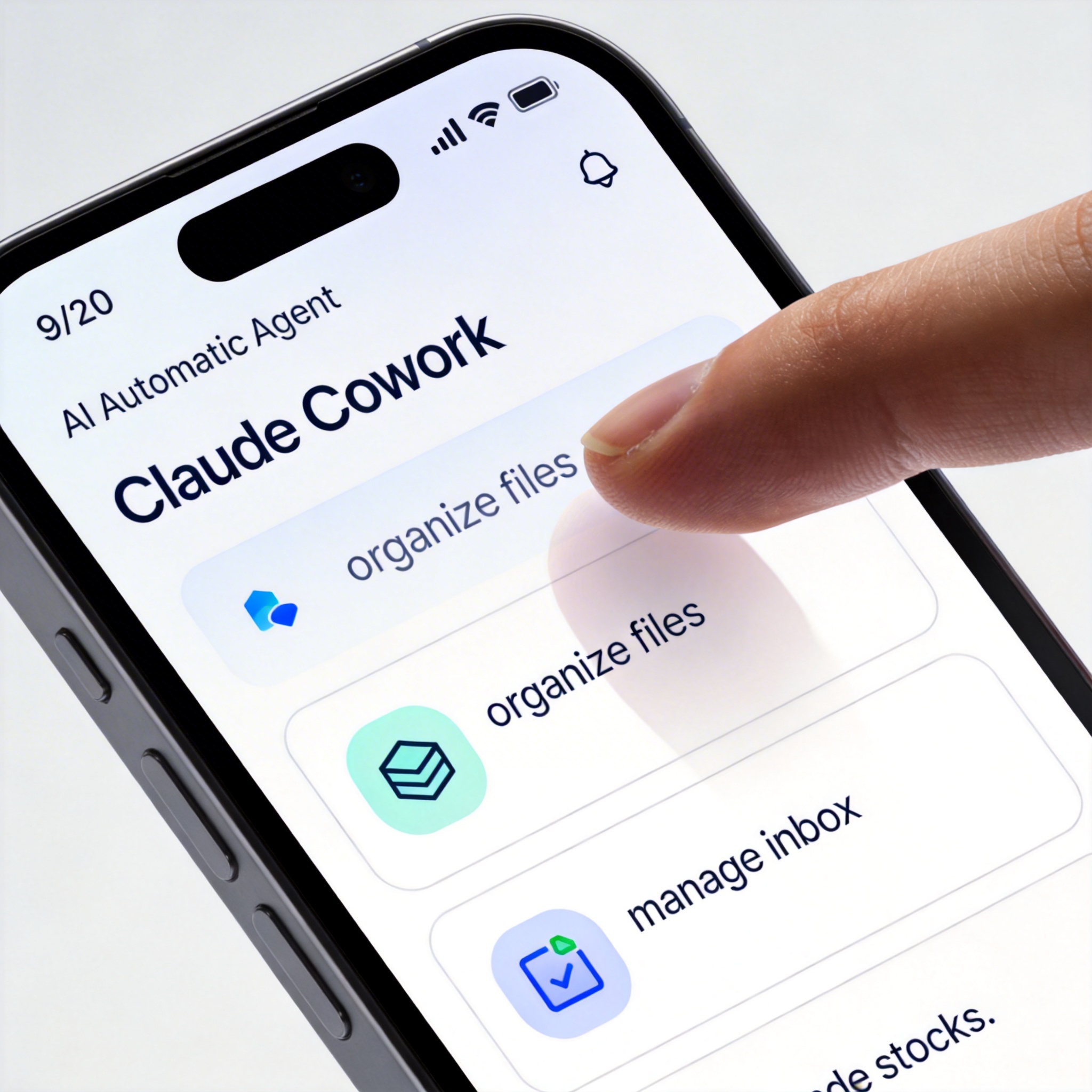 Smartphone screen displaying an AI agent interface with task icons, illustrating autonomous agent capabilities.