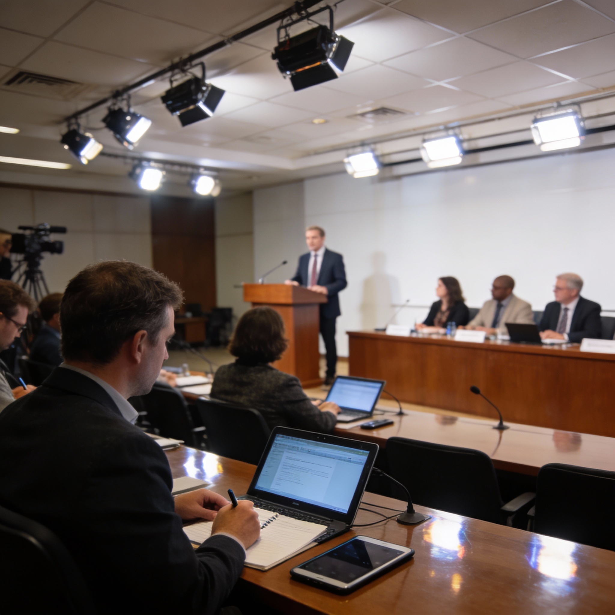 A professional press conference with a speaker at a podium and an attentive audience, illustrating knowledge transfer.