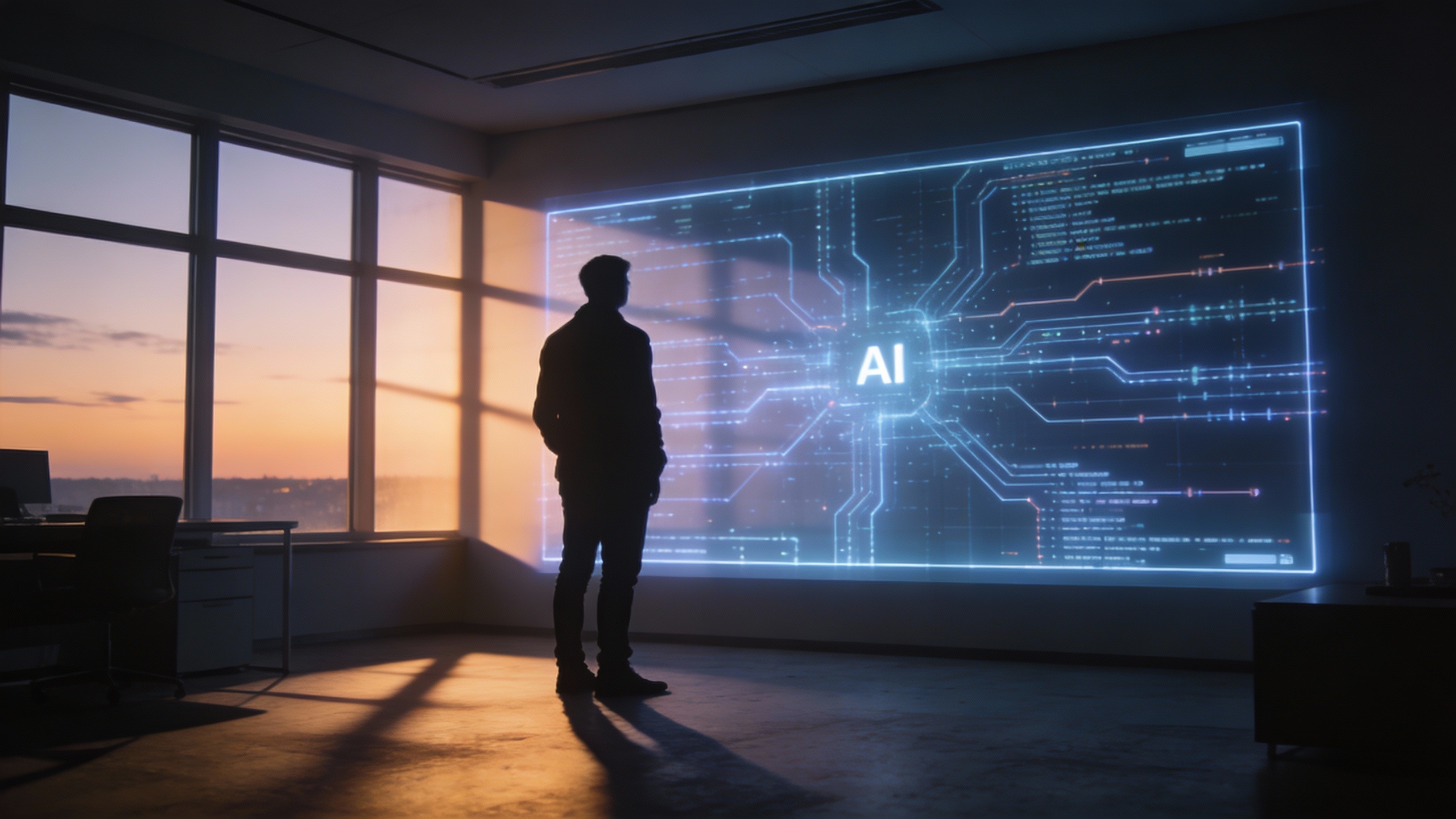 A designer silhouetted against an AI interface, symbolizing a shift to AI-powered independent work.