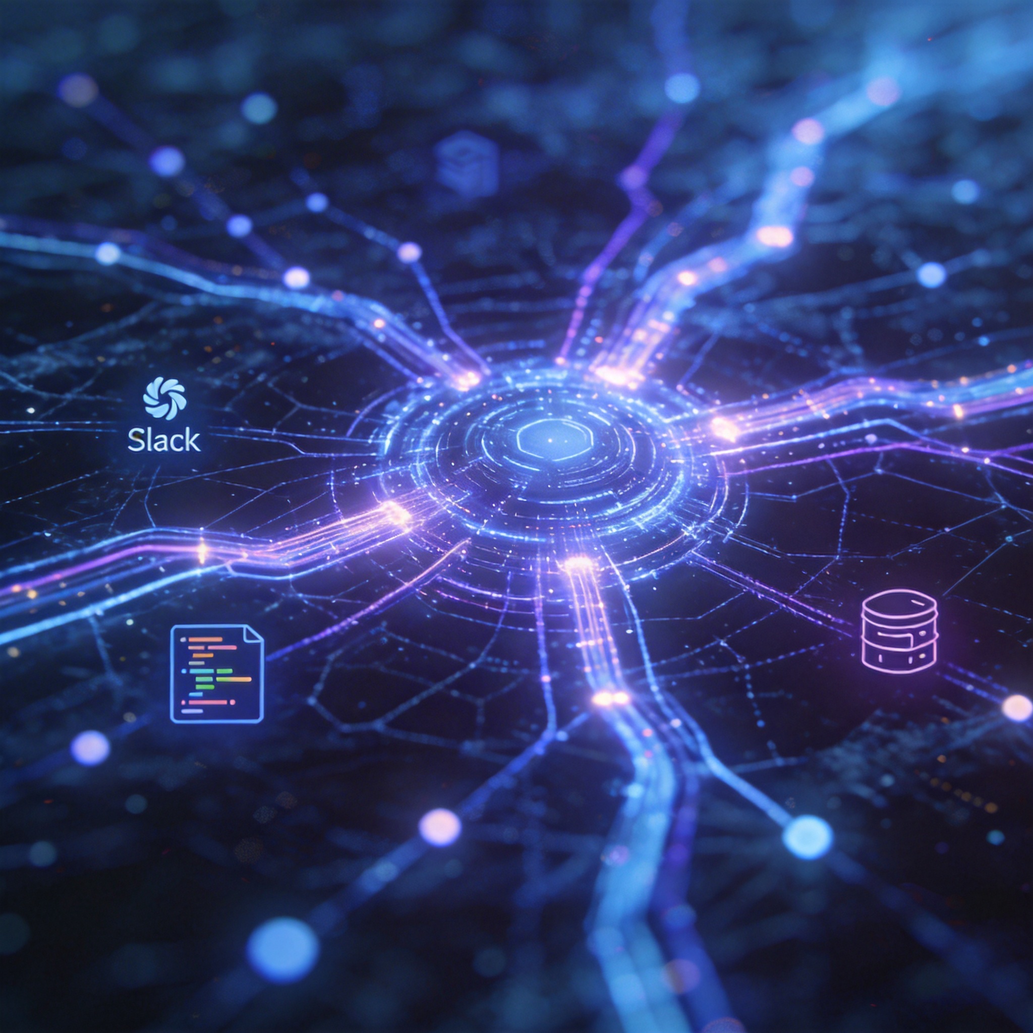 Abstract network showing communication channels integrating into a central AI core, symbolizing MCP Protocol.