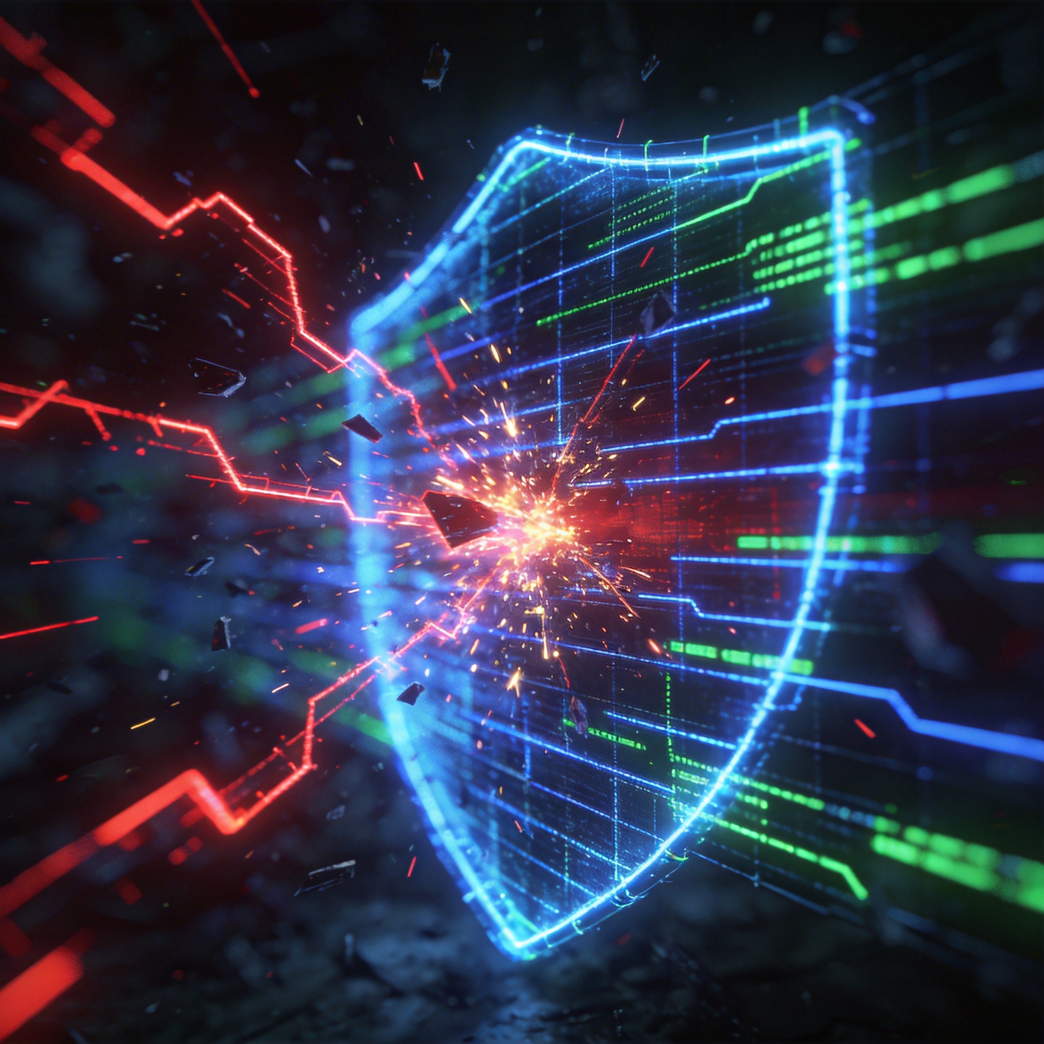 Digital firewall under attack, symbolizing cybersecurity risks and defense.