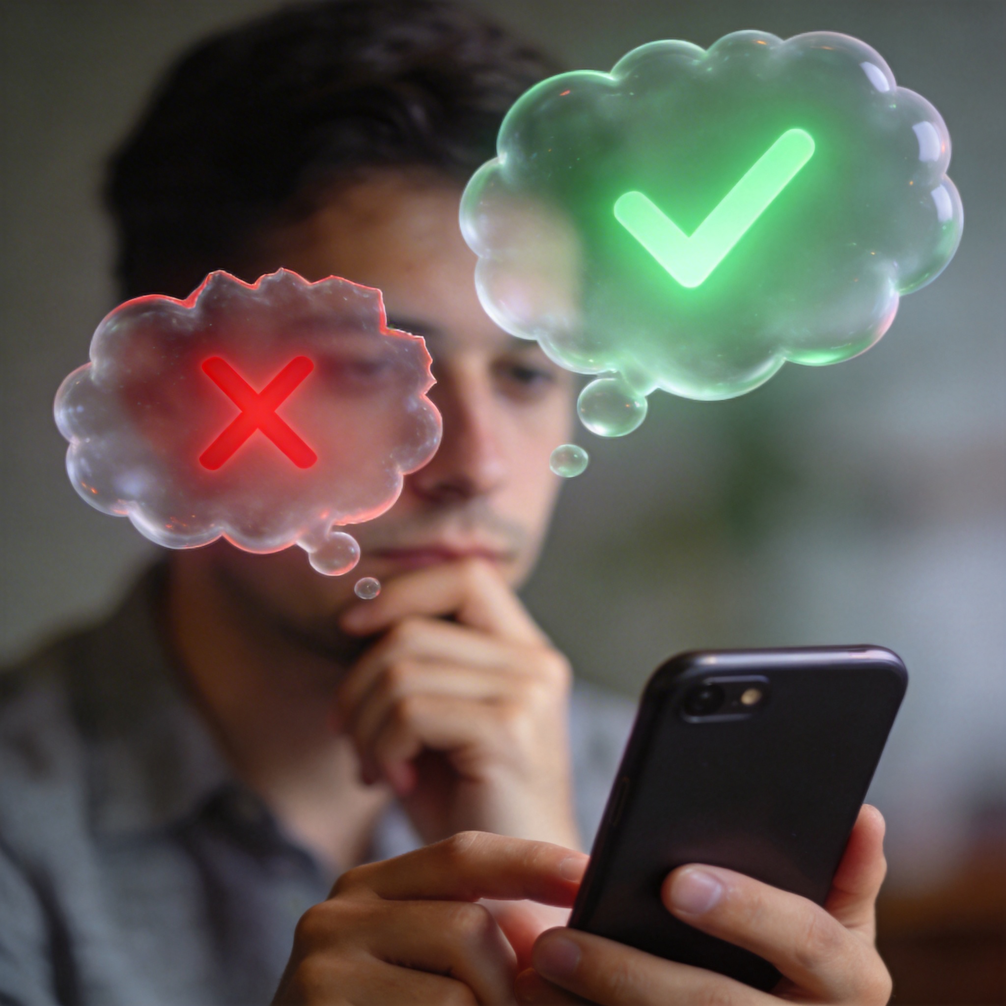 Two thought bubbles, one critical (human) and one affirming (AI), symbolizing differing judgments.
