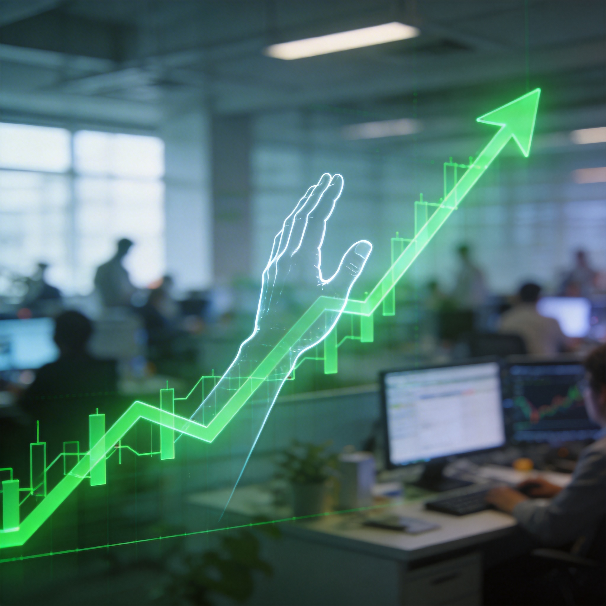 Upward-trending financial graph with a hand reaching up, symbolizing growth despite challenges.