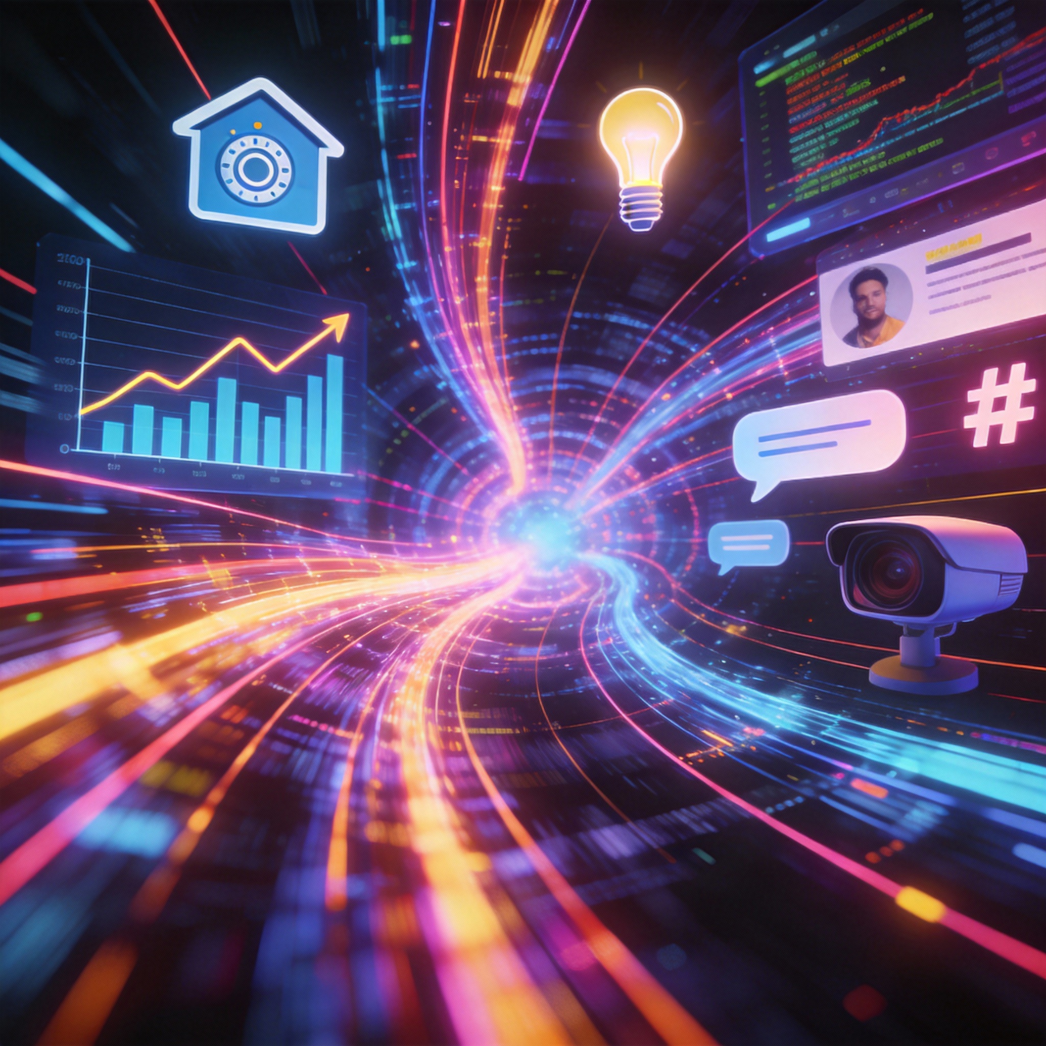 Dynamic visual of converging data streams and icons, symbolizing diverse AI applications.