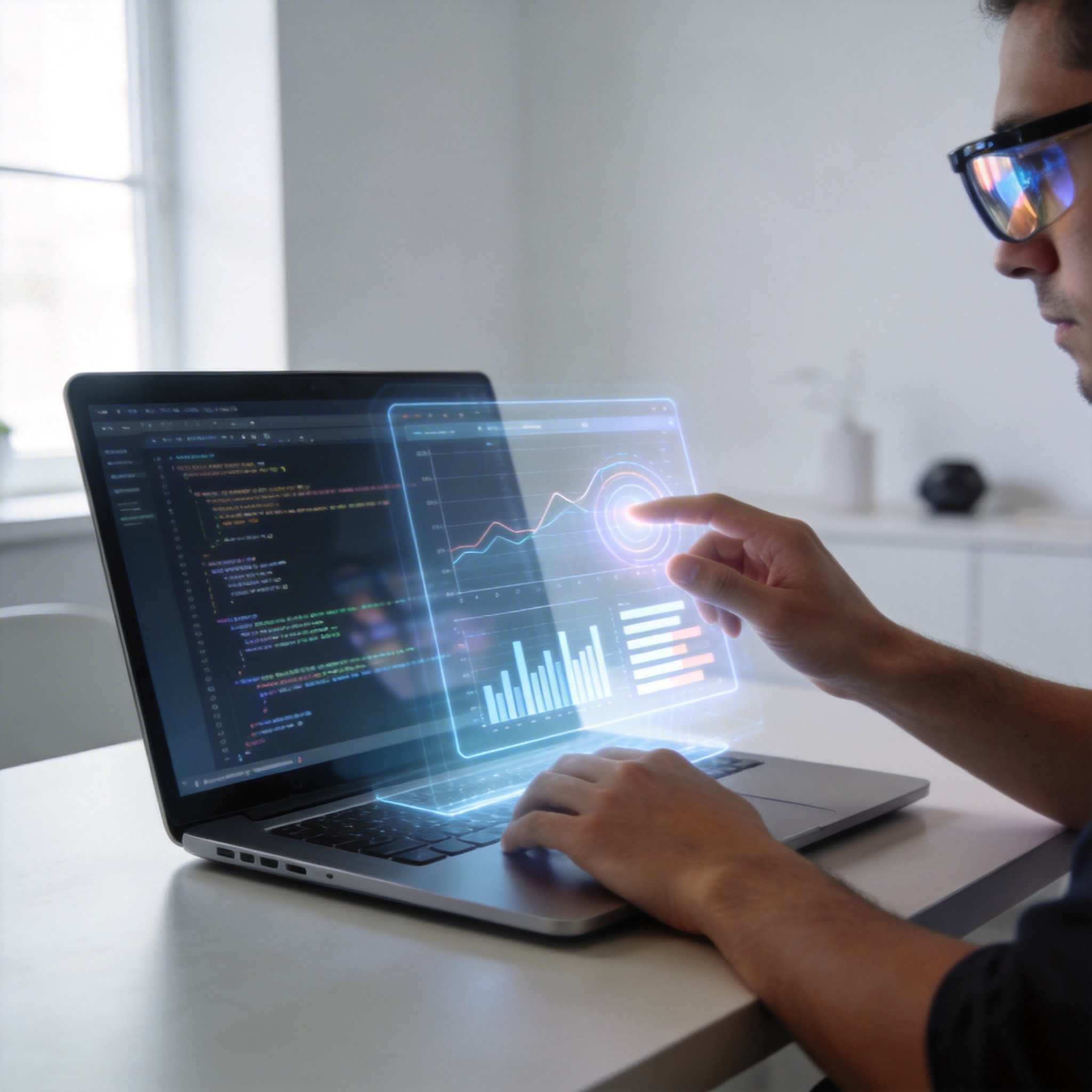 Developer interacting with a holographic interface showing code and data, representing API access.