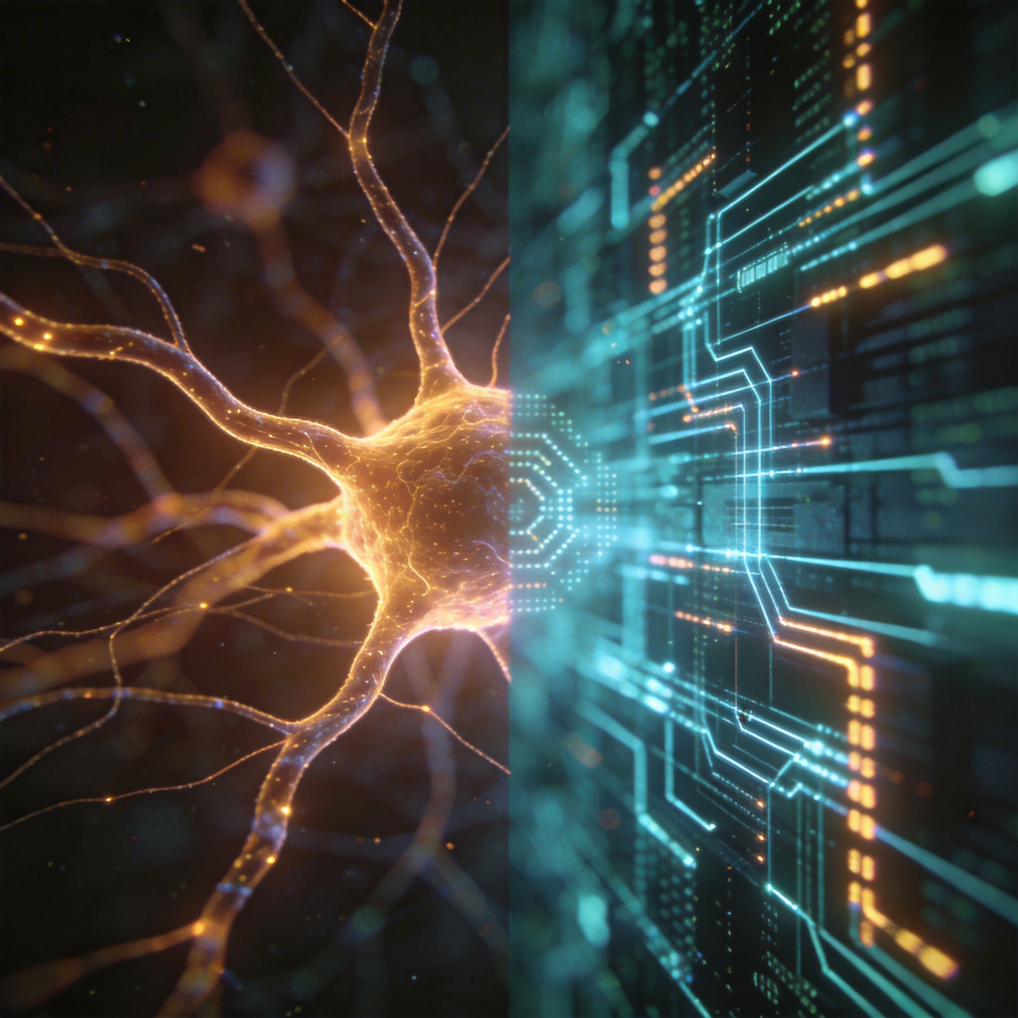 Split image contrasting human neural networks with AI matrix multiplication, symbolizing shared pattern-matching.