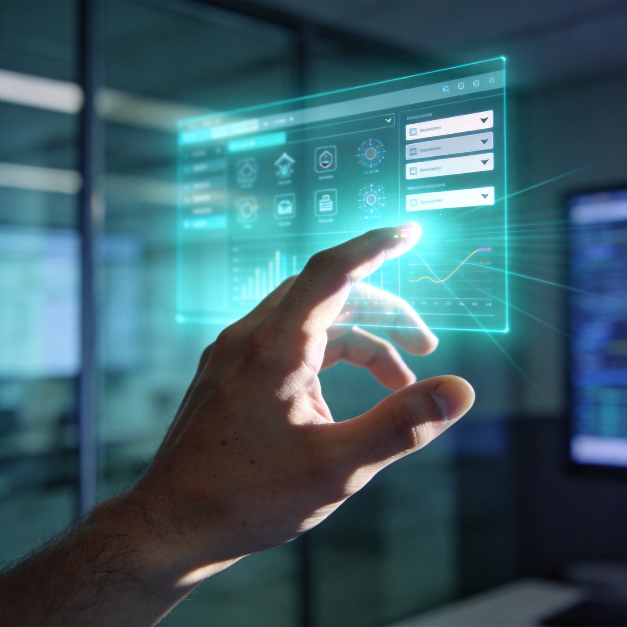 Hand interacting with a holographic projection of a web UI, symbolizing AI's impact on design.