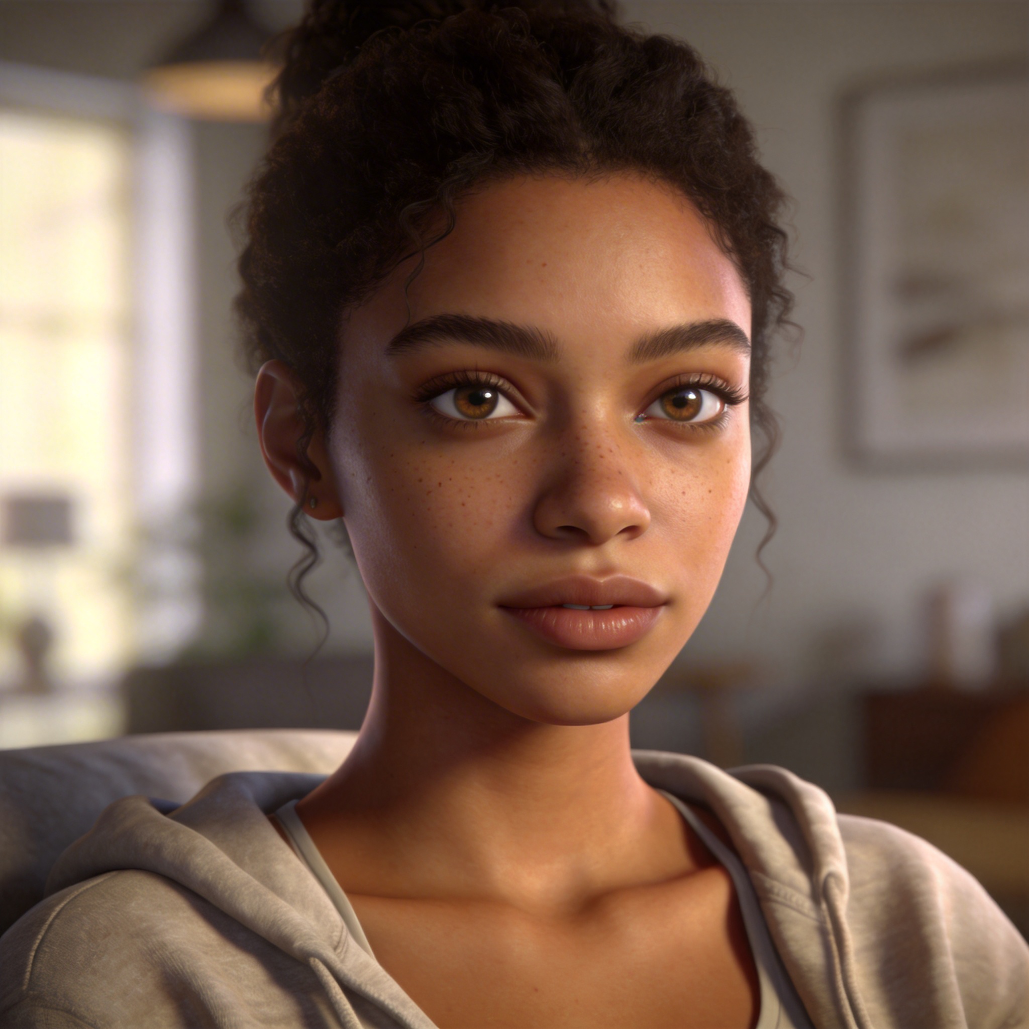 Highly realistic AI-generated digital human in loungewear, explaining her origins.