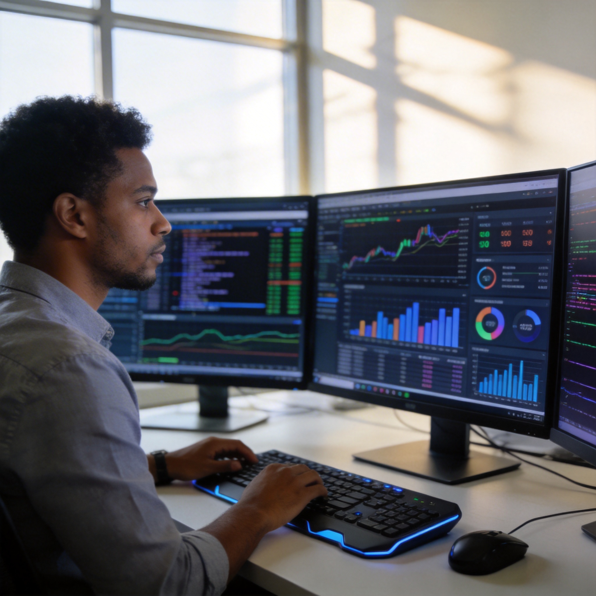 Data analyst reviewing complex charts and code on multiple monitors in a modern office.