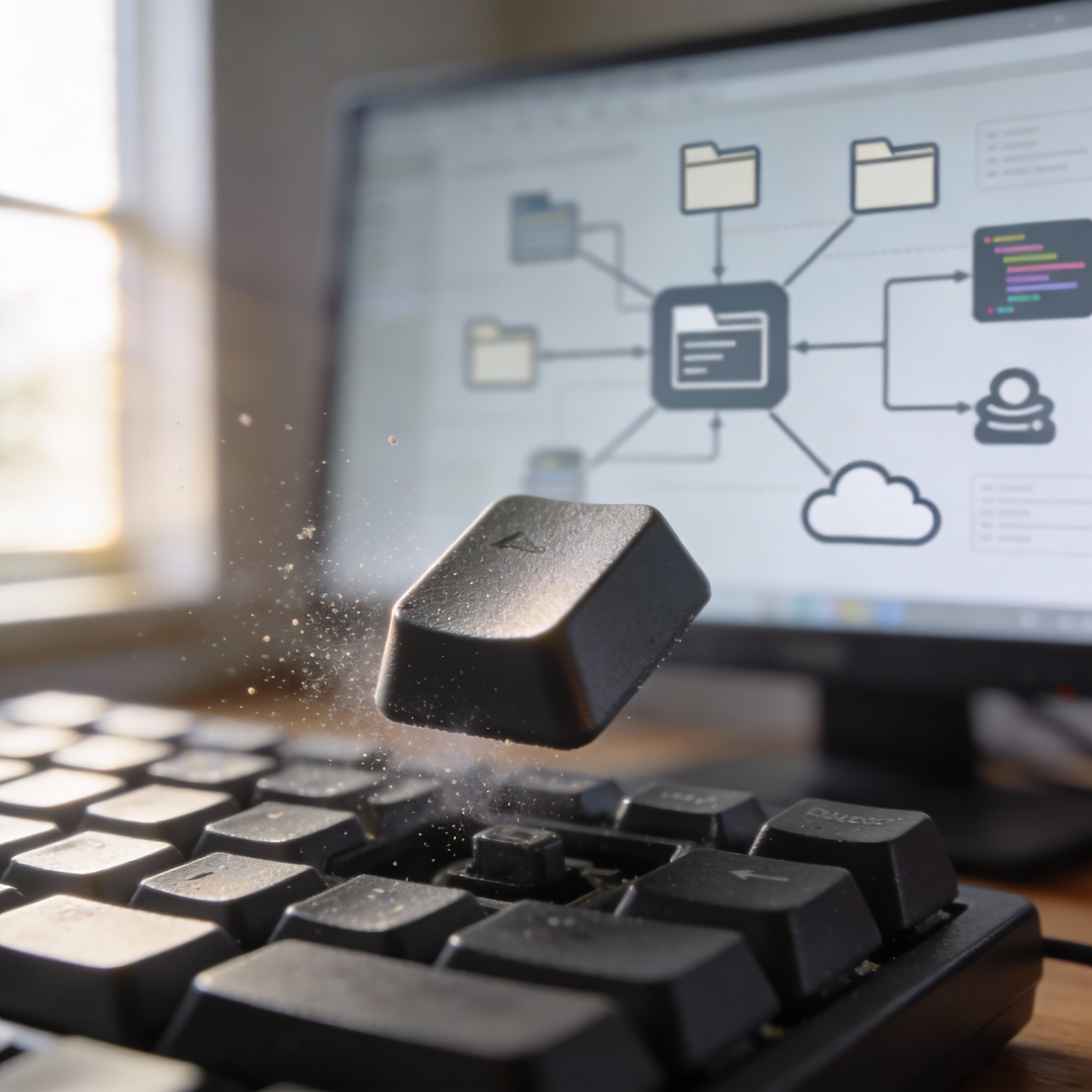 Close-up of a computer keyboard and monitor displaying an automated workflow diagram, representing AI agents.