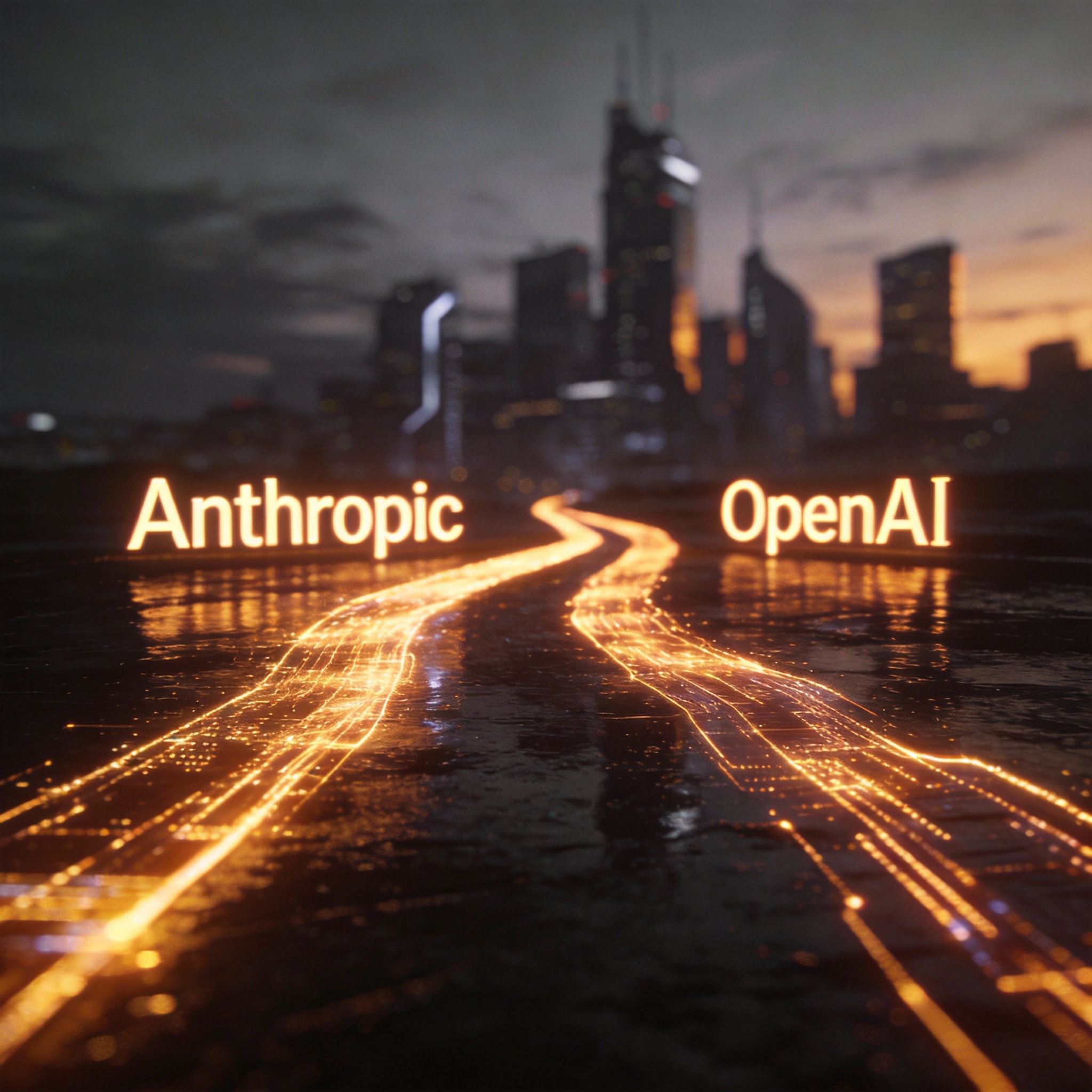 Two glowing digital pathways, one leading the other, symbolizing the competitive AI market between Anthropic and OpenAI.