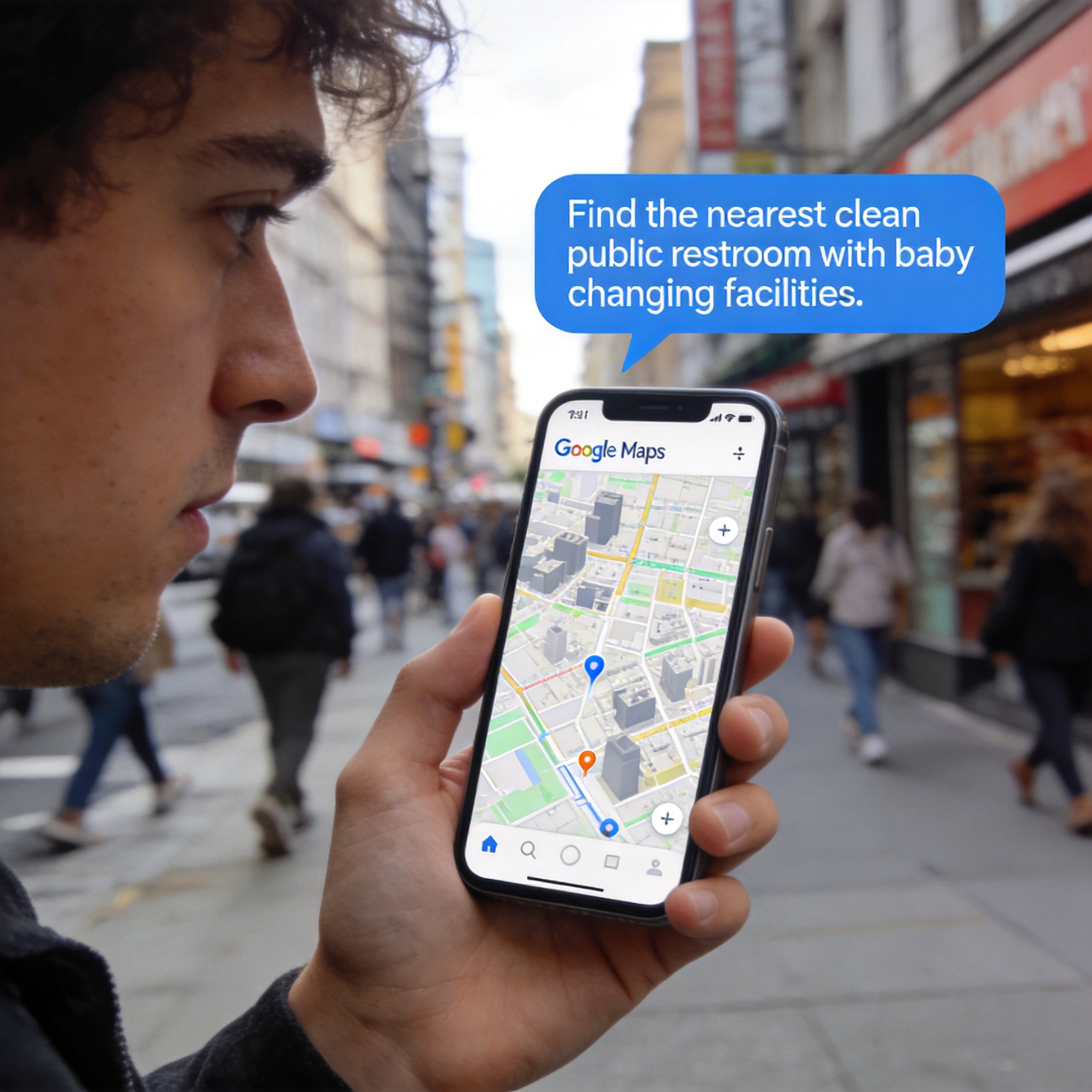 Smartphone showing Google Maps with conversational AI query for a public restroom.