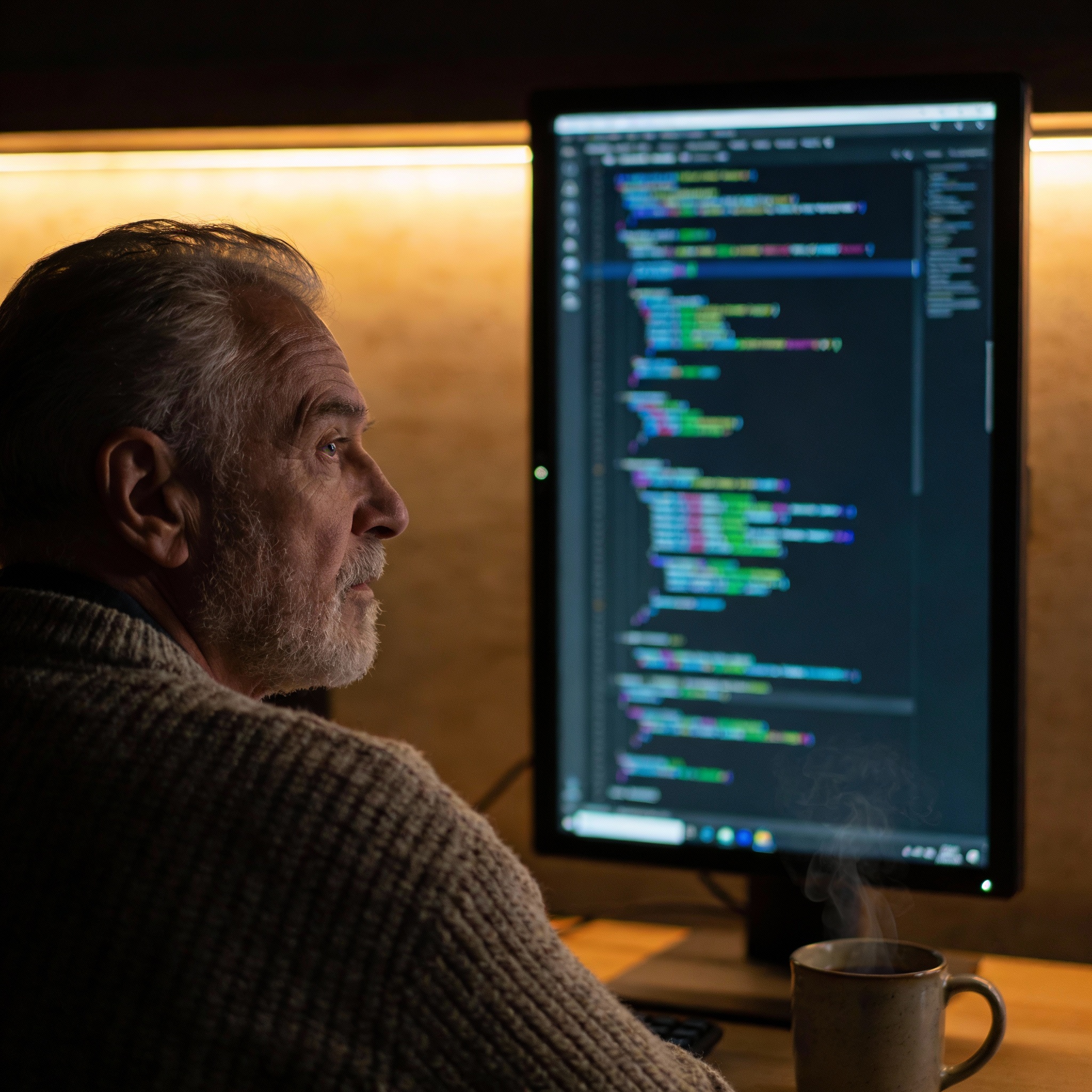 A software architect reviewing AI-generated code on a vertical monitor in a dimly lit office.