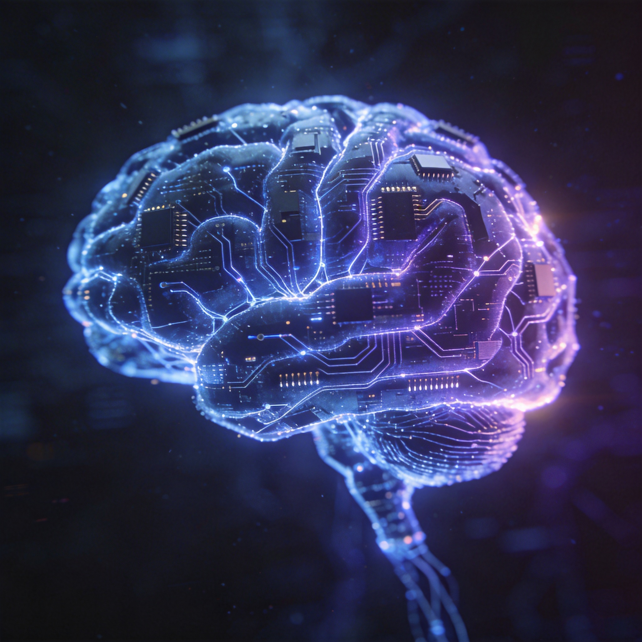 Abstract representation of advanced AI, showing a glowing digital brain with neural pathways.