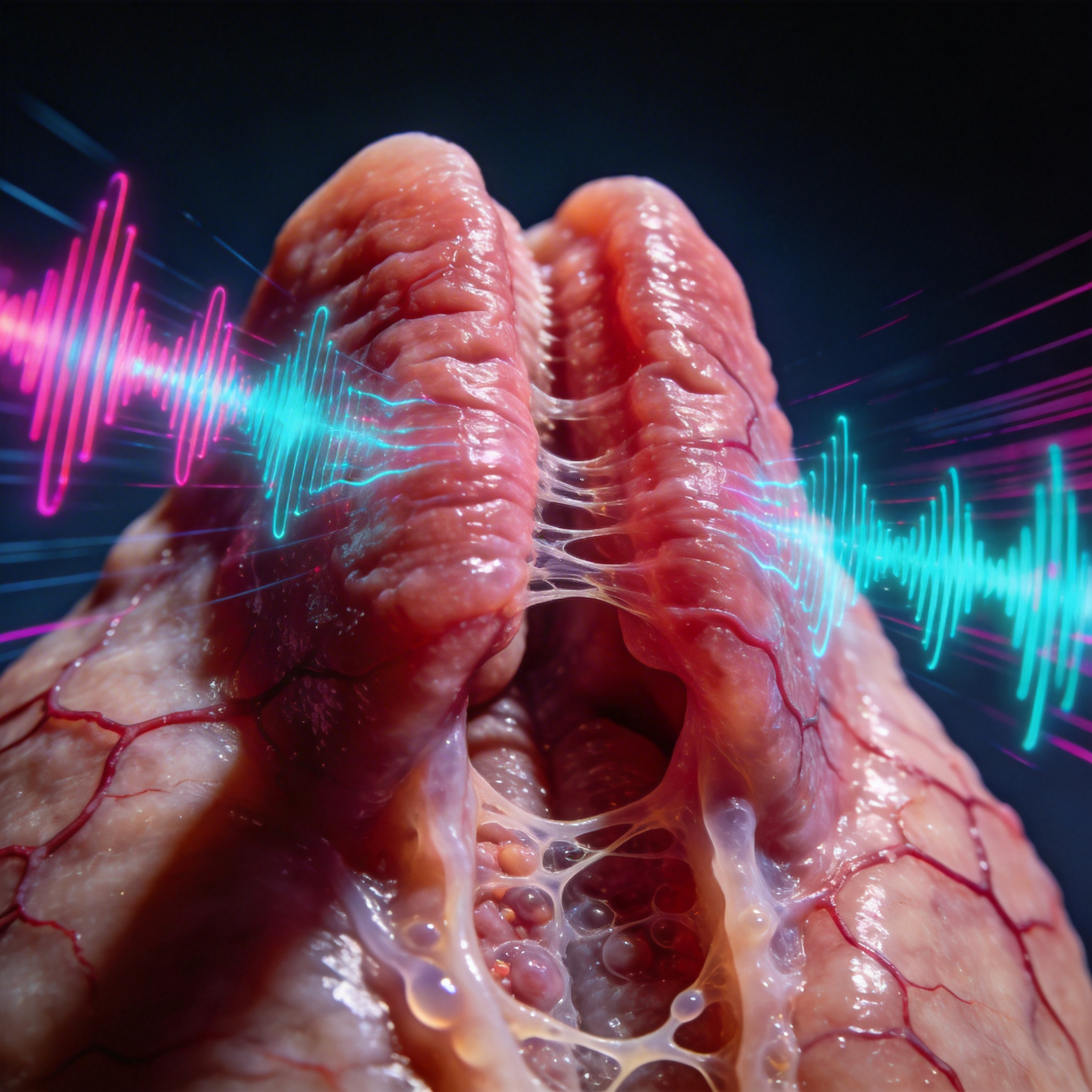 Close-up of human vocal cords with glowing digital sound waves, symbolizing AI voice infringement.