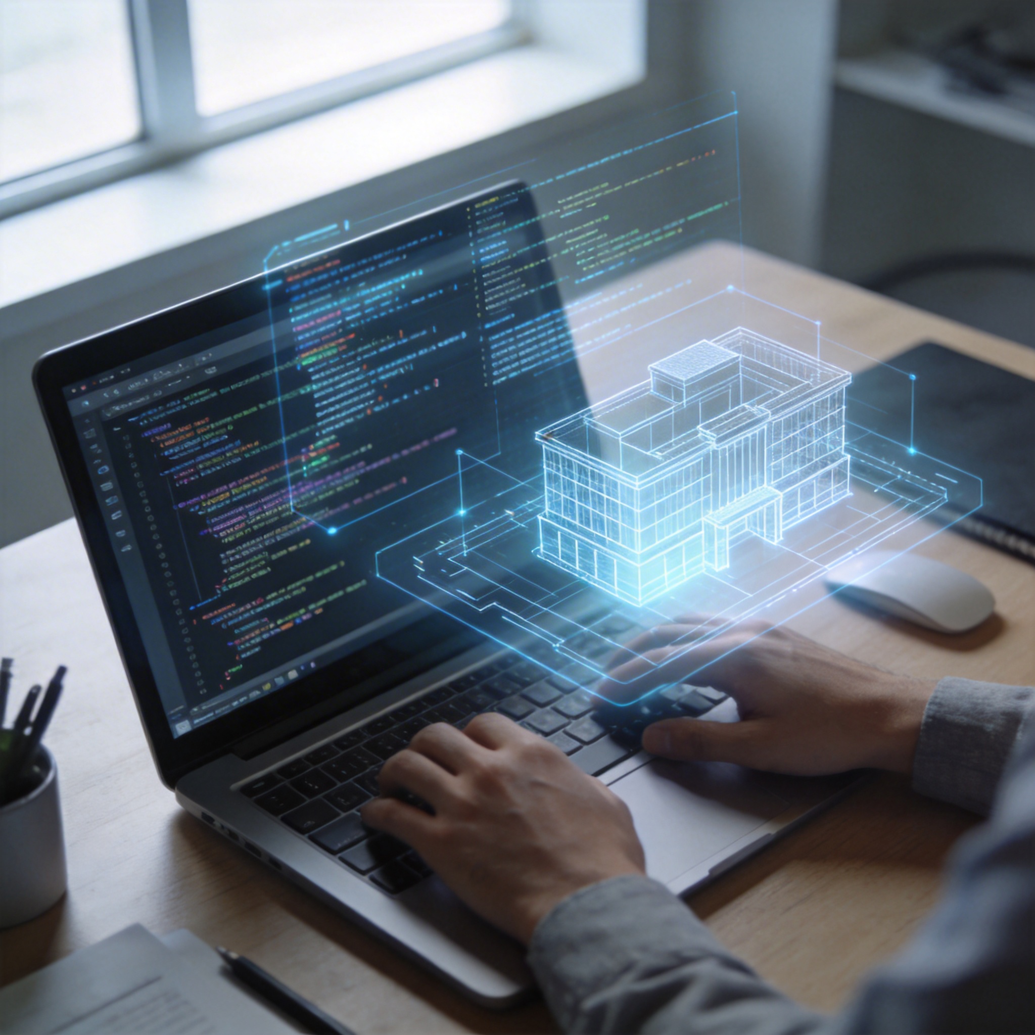 Holographic code and architectural diagrams projected above a developer's laptop.