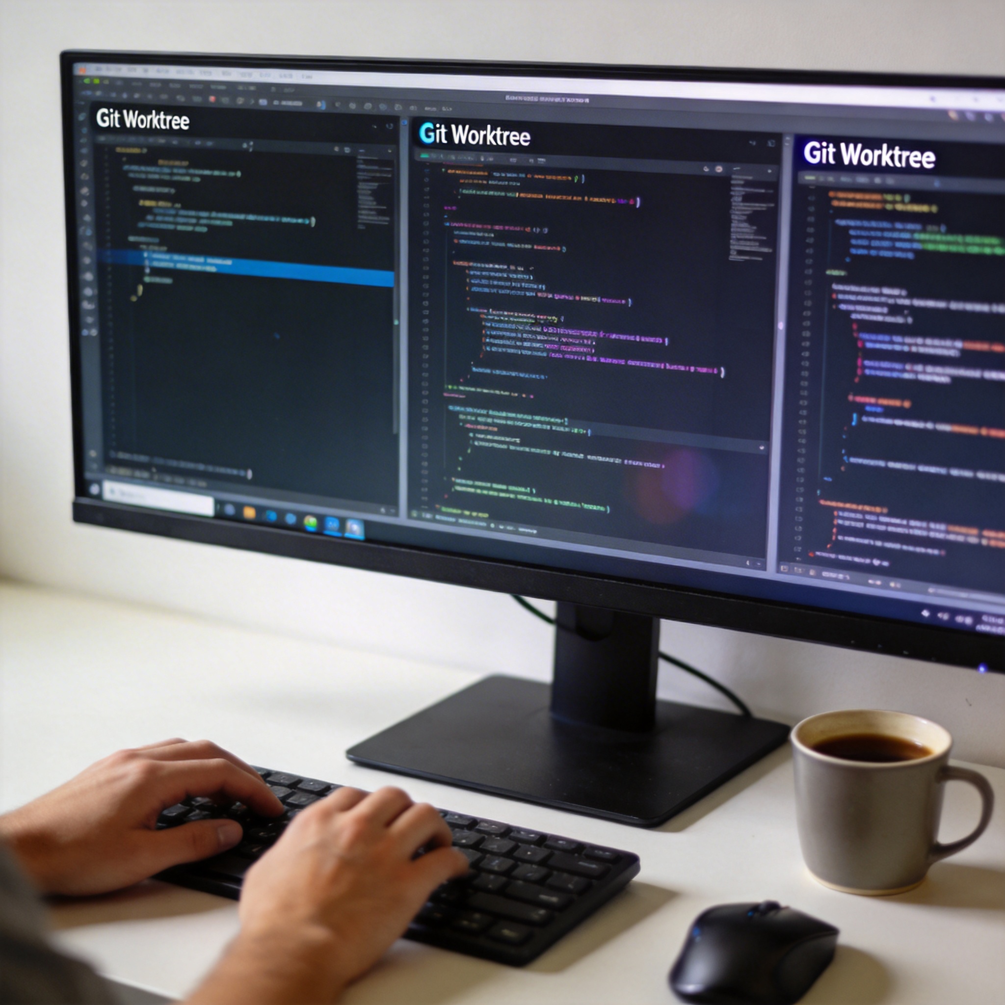 Developer's desk showing multiple code editors open, representing parallel Git Worktree sessions.