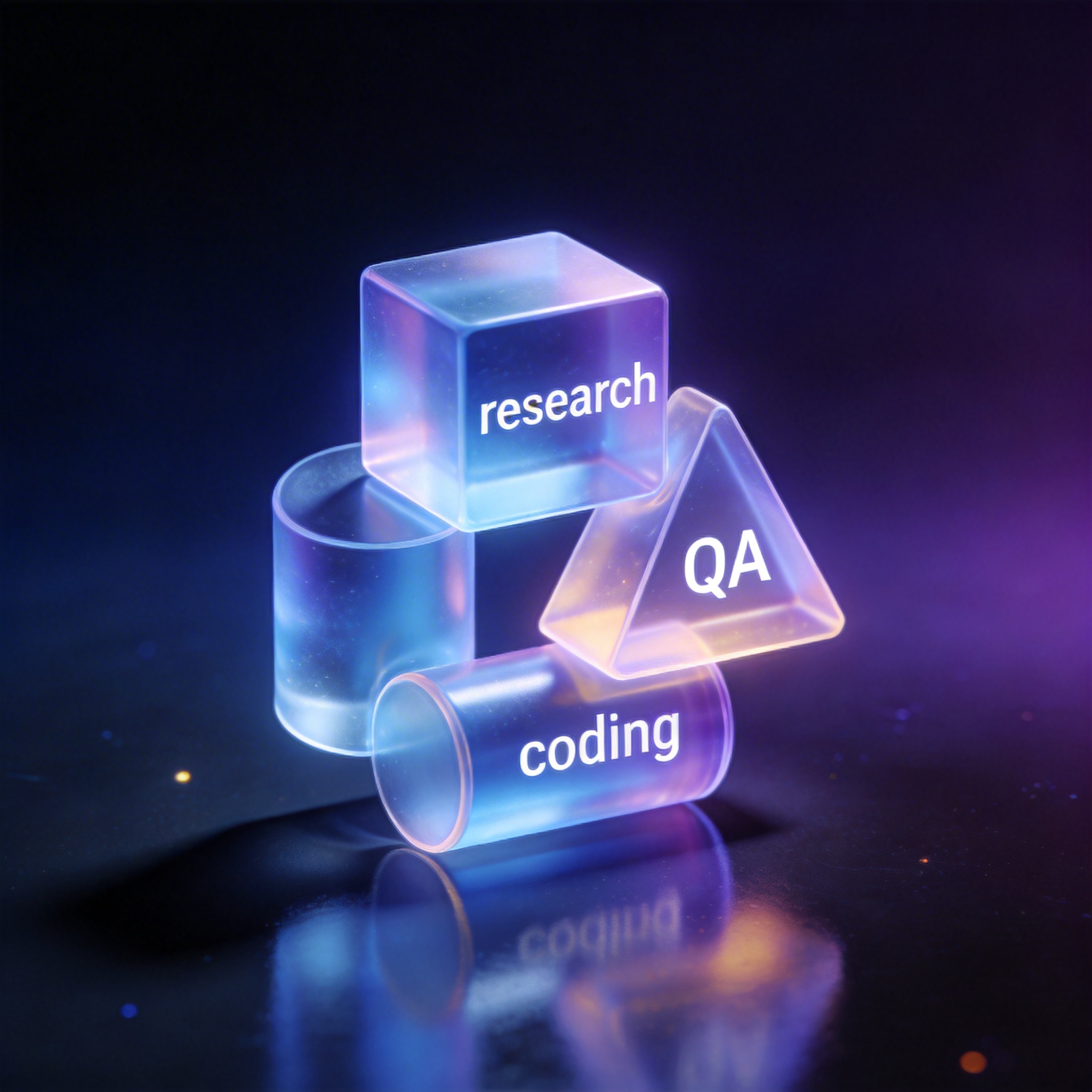 Abstract image of dynamically reconfiguring geometric shapes representing flexible AI agent roles.