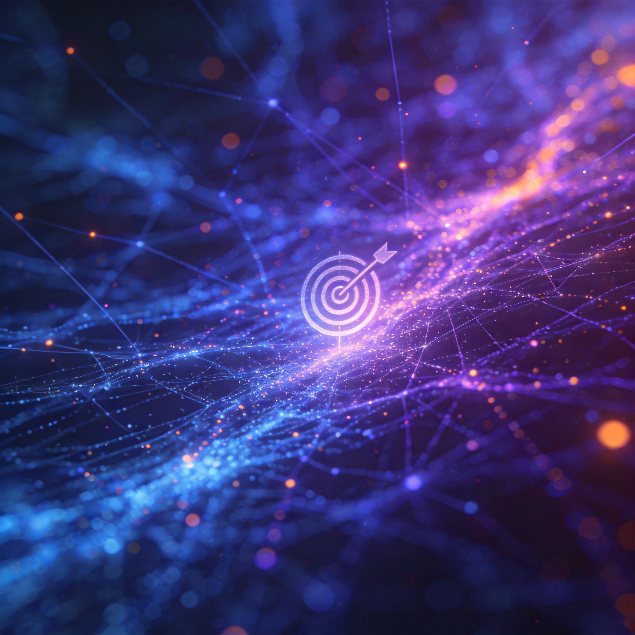 Abstract visualization of data streams converging on a target, representing rapid content targeting.
