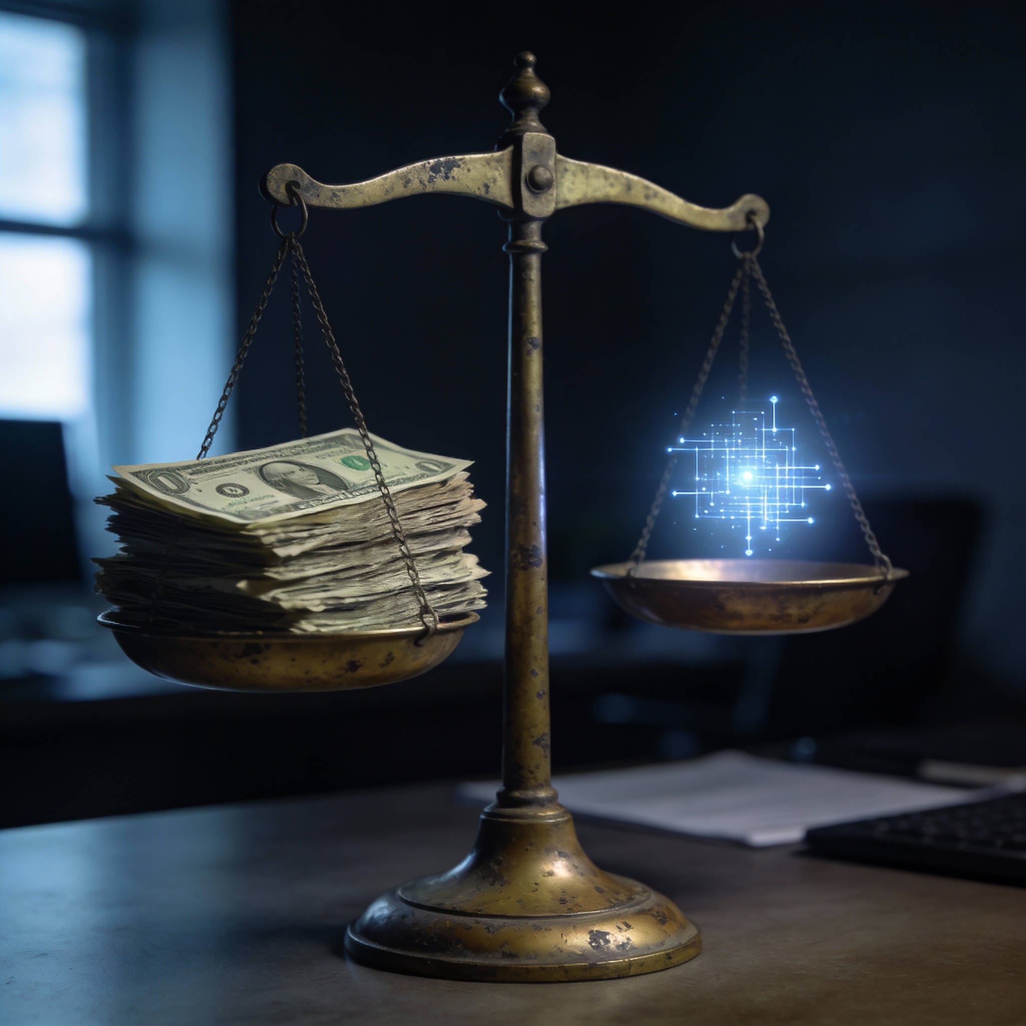 A brass scale with money outweighing a digital data point, symbolizing inference costs exceeding revenue.
