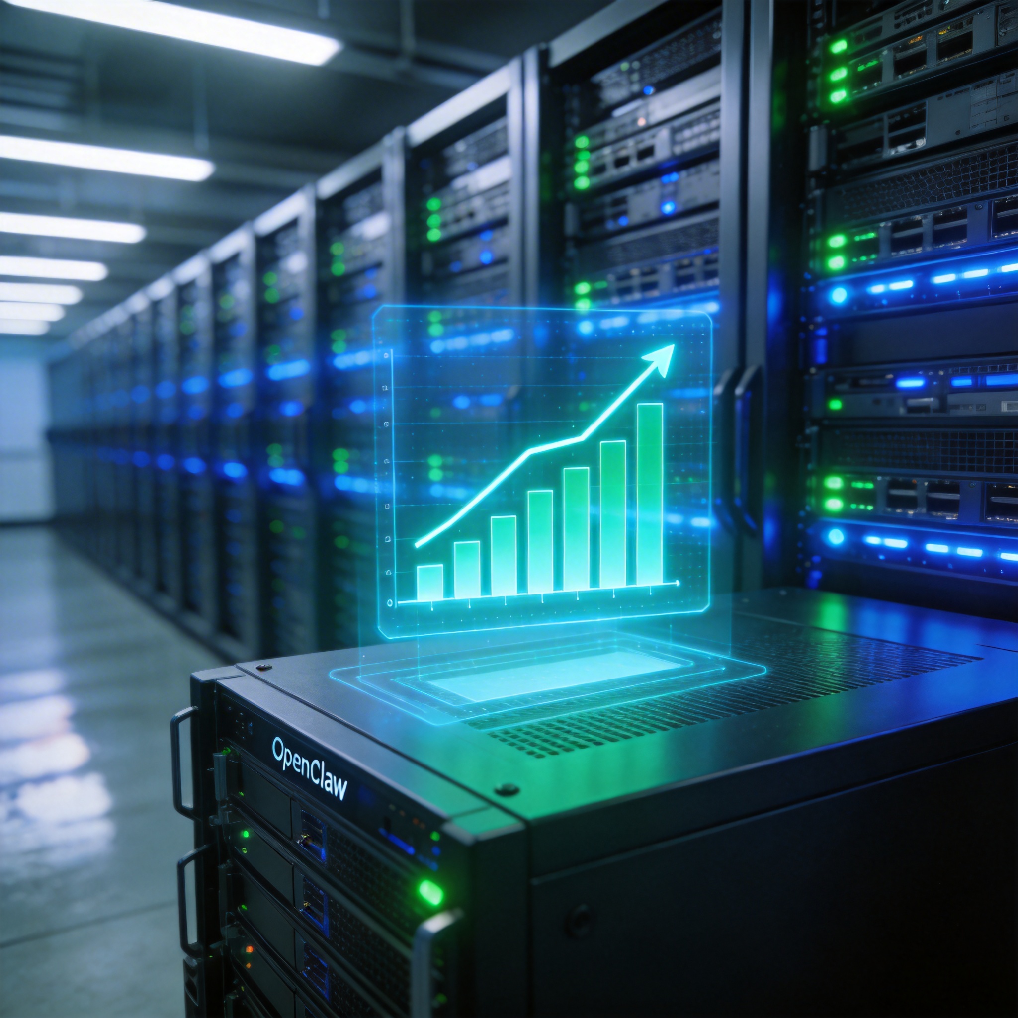 Server room with holographic projection showing exponential growth, symbolizing OpenClaw's rapid ascent.