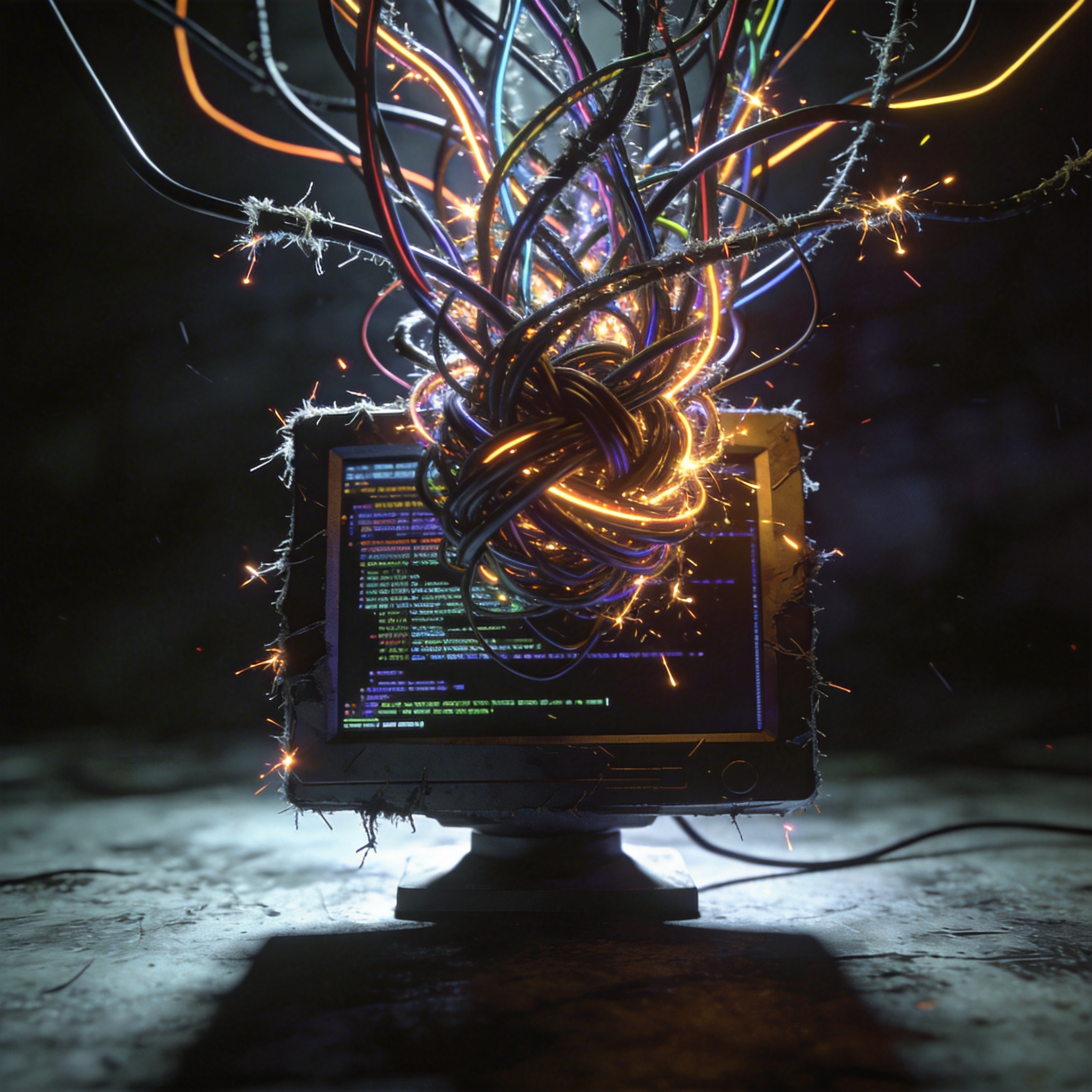 Tangled, sparking digital wires overflowing from a screen, symbolizing an AI system overload and crash.