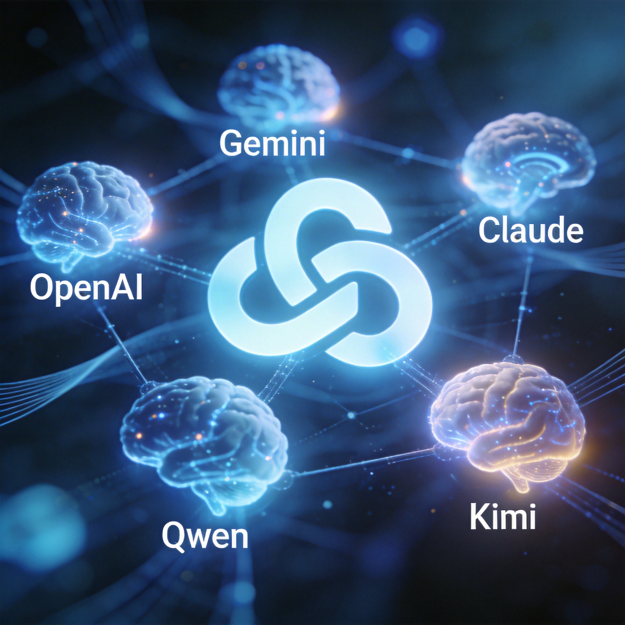 Interconnected digital brains labeled OpenAI, Gemini, Claude, Qwen, Kimi, symbolizing integrated AI models.