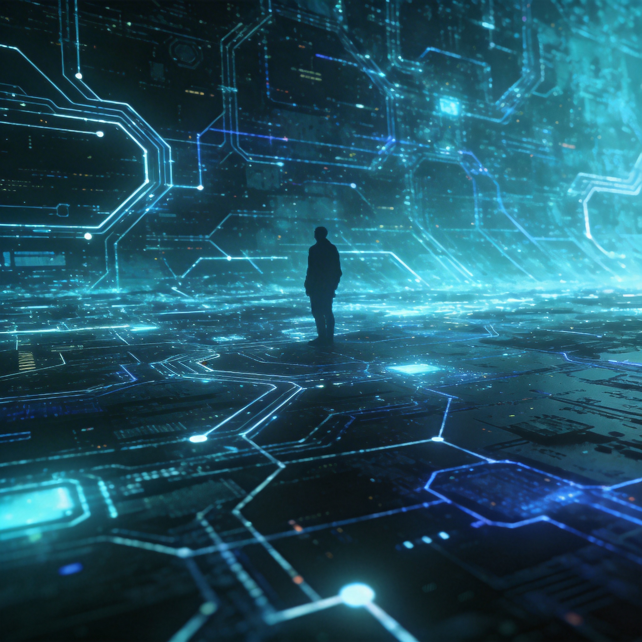 Human silhouette against a vast, glowing AI network, symbolizing human scarcity in the AI era.