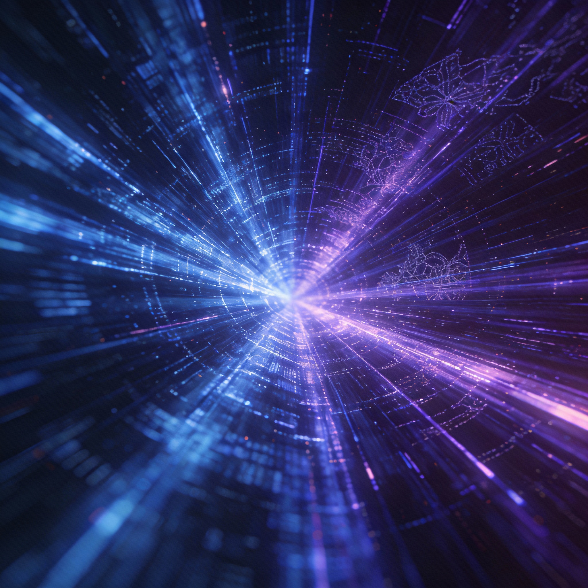 Abstract visualization of rapidly increasing computing demand, with data streams and light trails expanding.