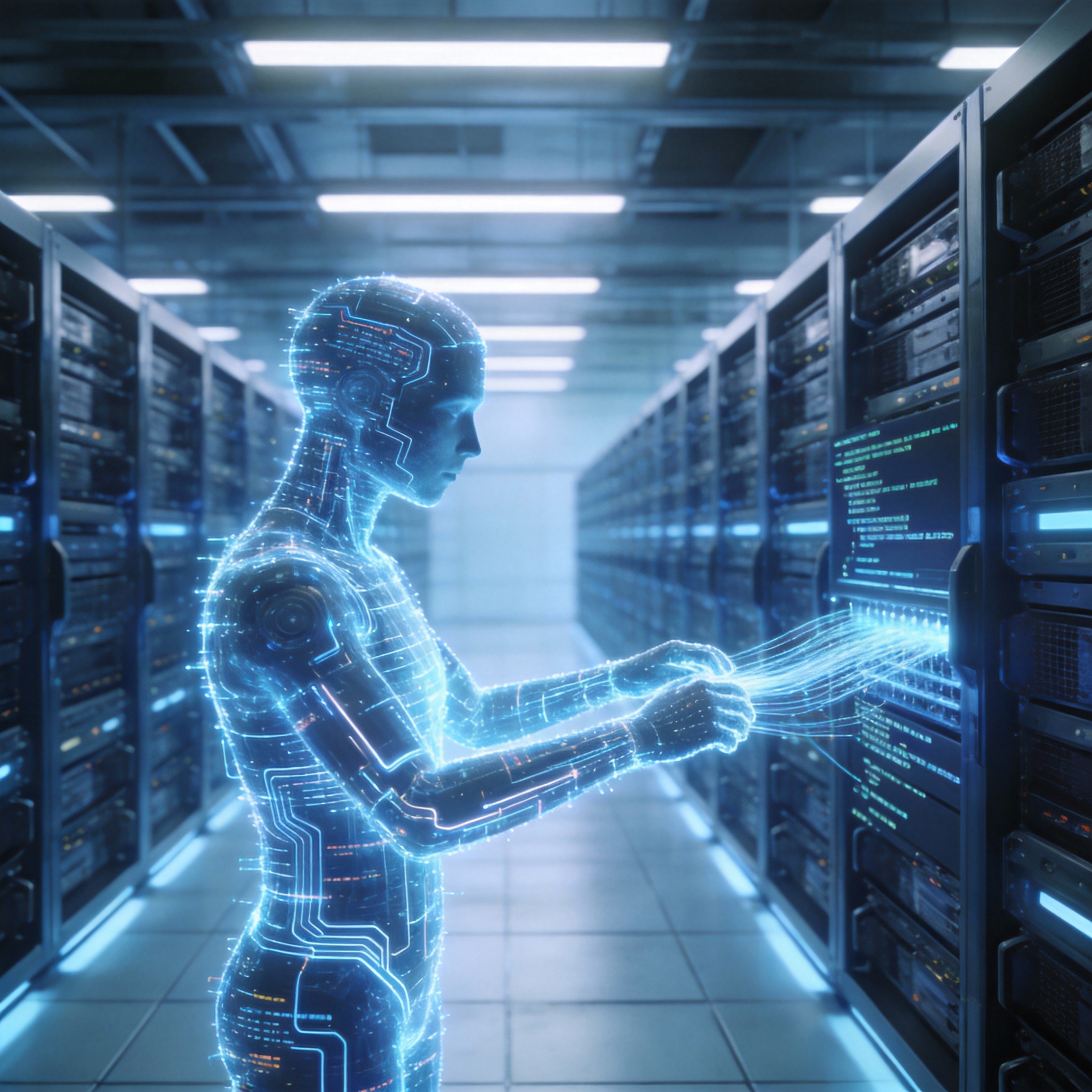 Humanoid AI figure made of data streams working autonomously in a futuristic server farm.