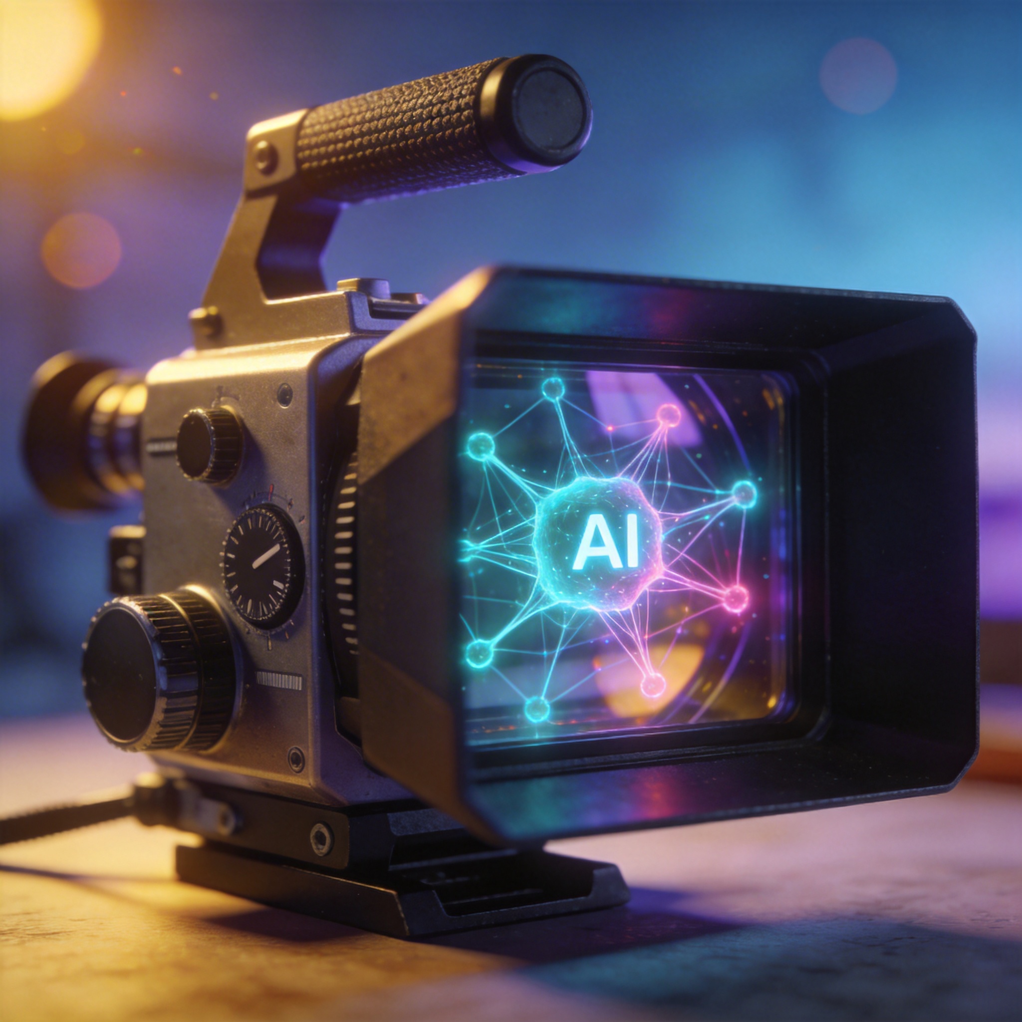AI neural network integrated into a film director's viewfinder, symbolizing AI's creative and directorial capabilities.