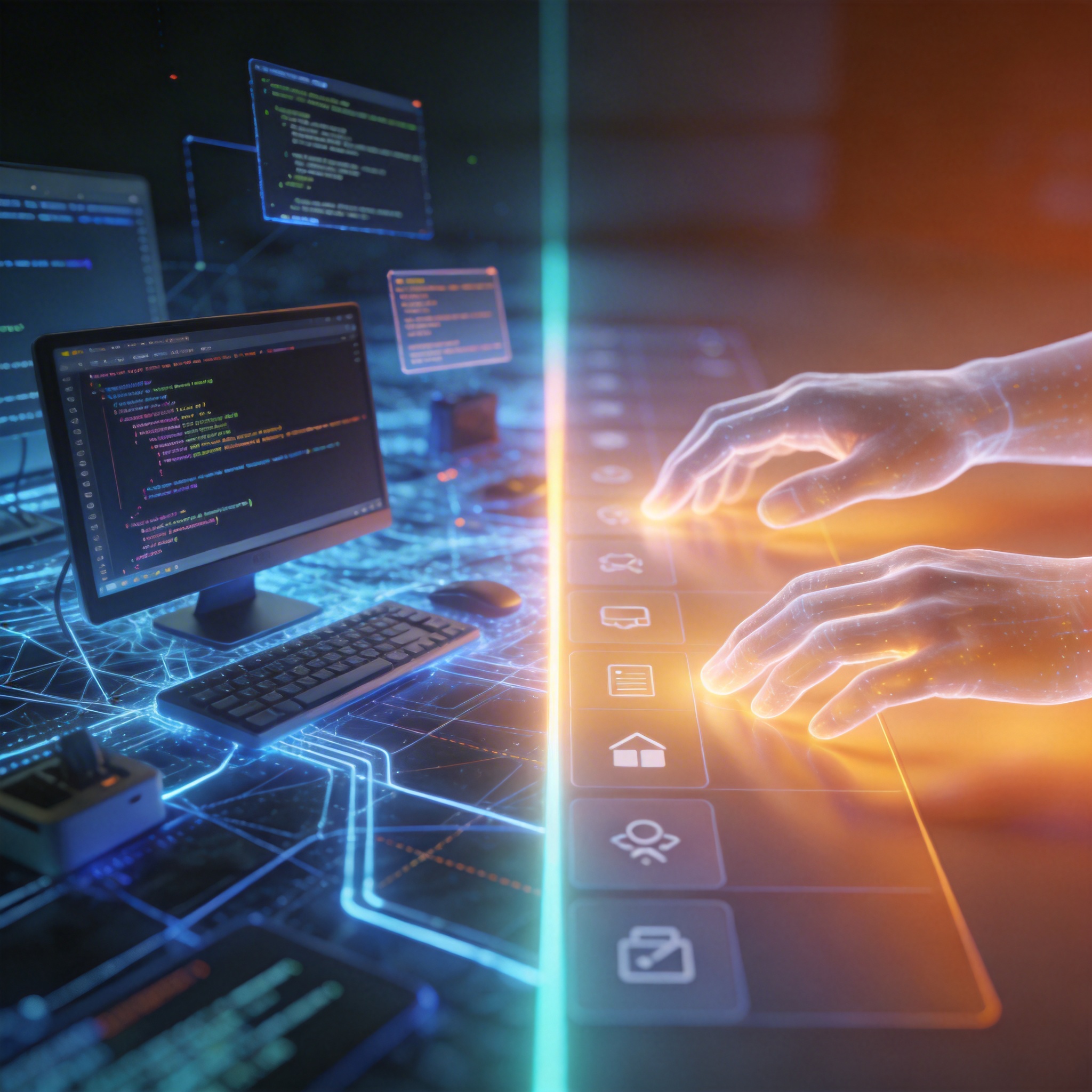 Conceptual image contrasting coding singularity (code lines) with action singularity (human-like interaction).