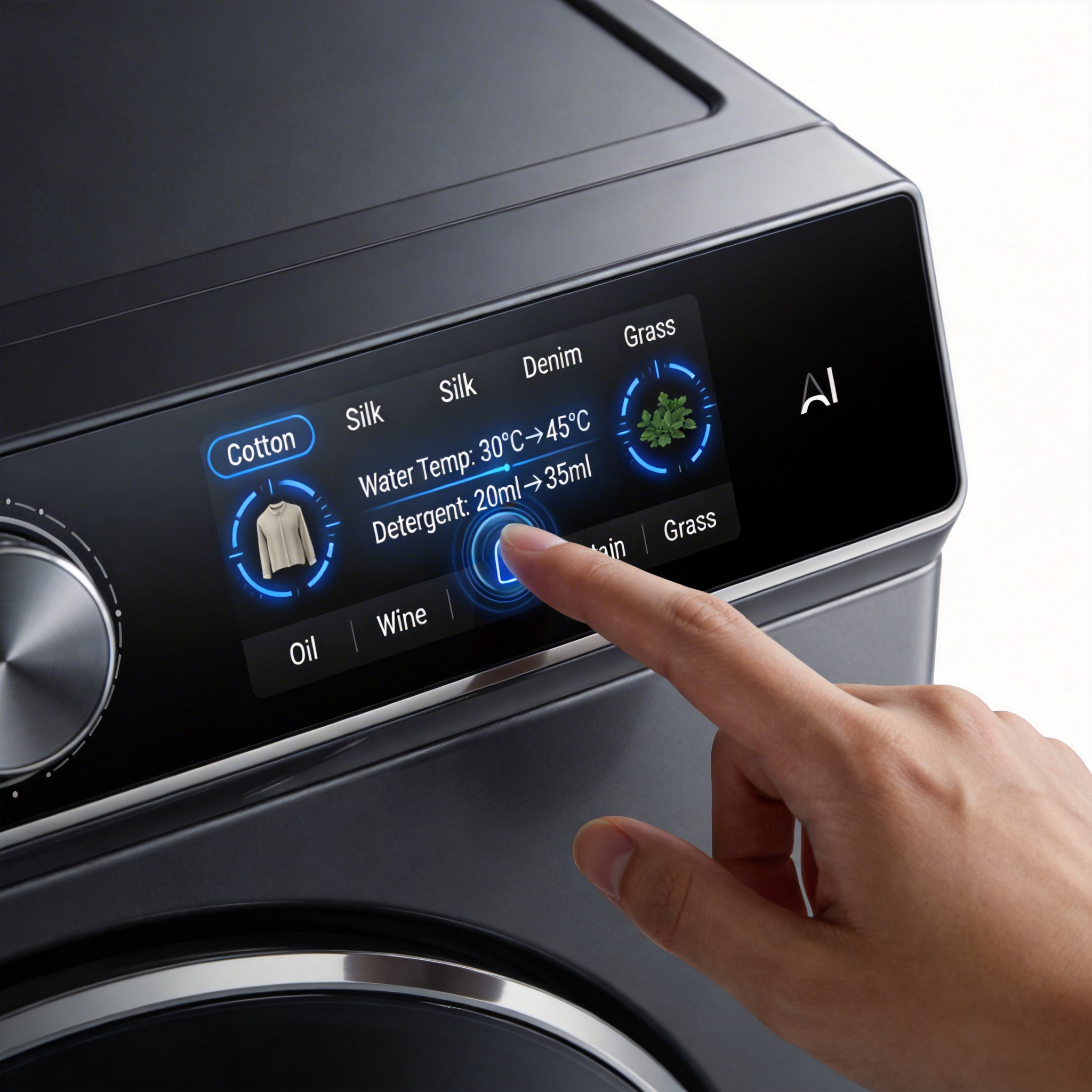 Close-up of a modern washing machine's AI-powered touch screen displaying fabric types and wash settings.