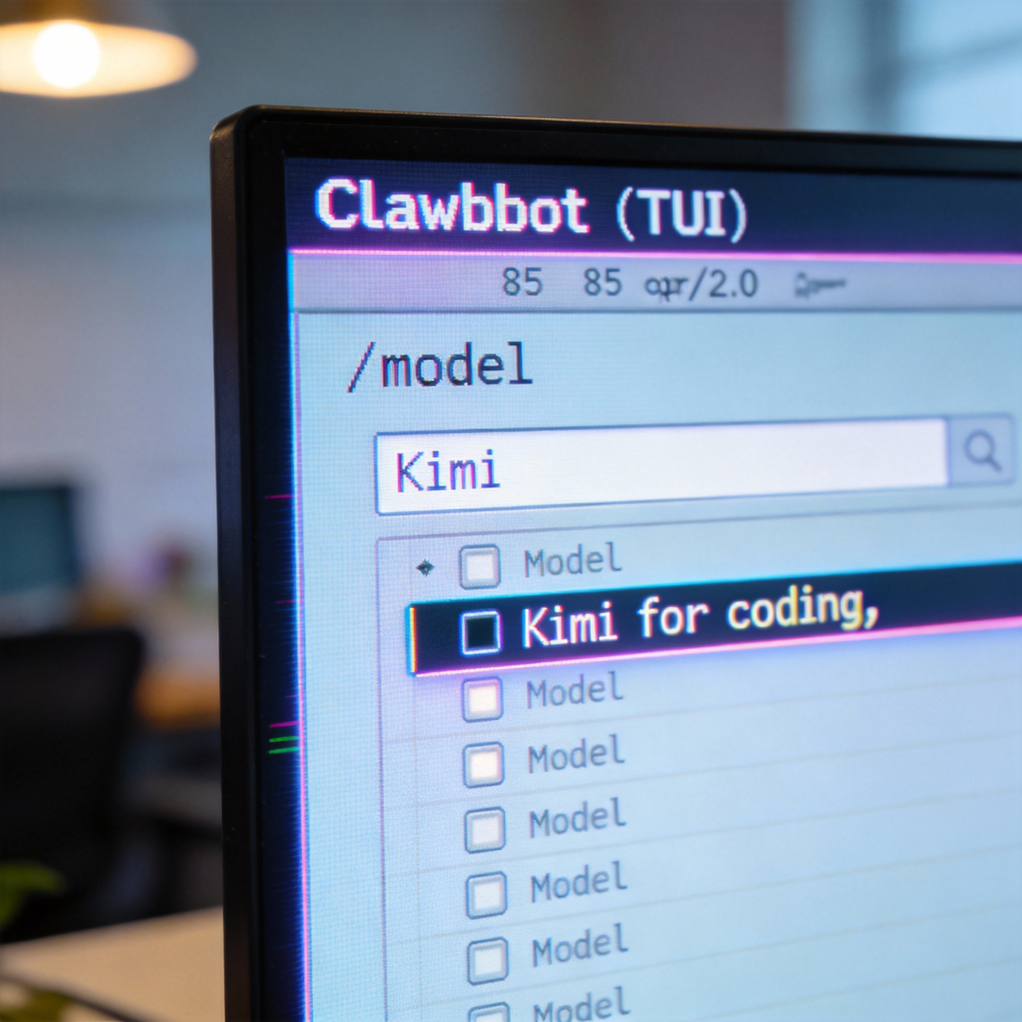 Clawdbot TUI showing '/model' command and 'Kimi' search results for model switching.