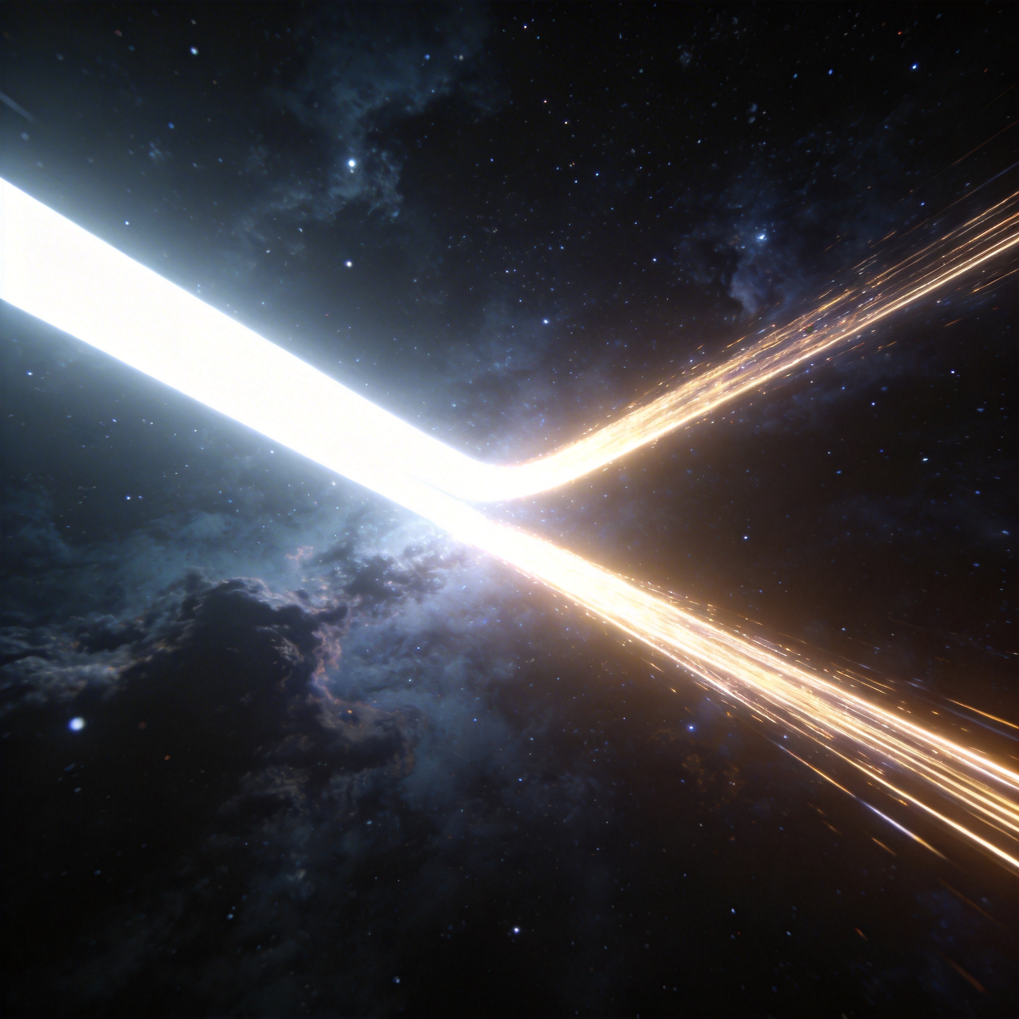 Two glowing light paths diverging in a cosmic void, symbolizing strategic shifts and missed opportunities.