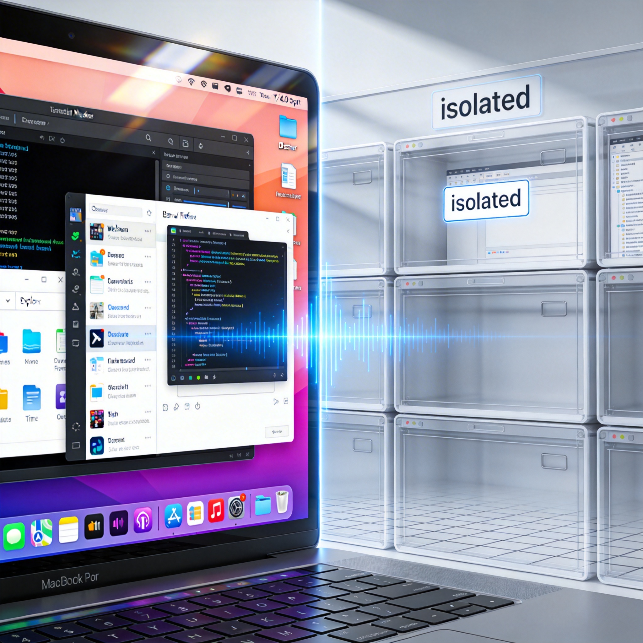 Split image showing a busy main computer desktop on one side and an isolated virtual environment on the other.
