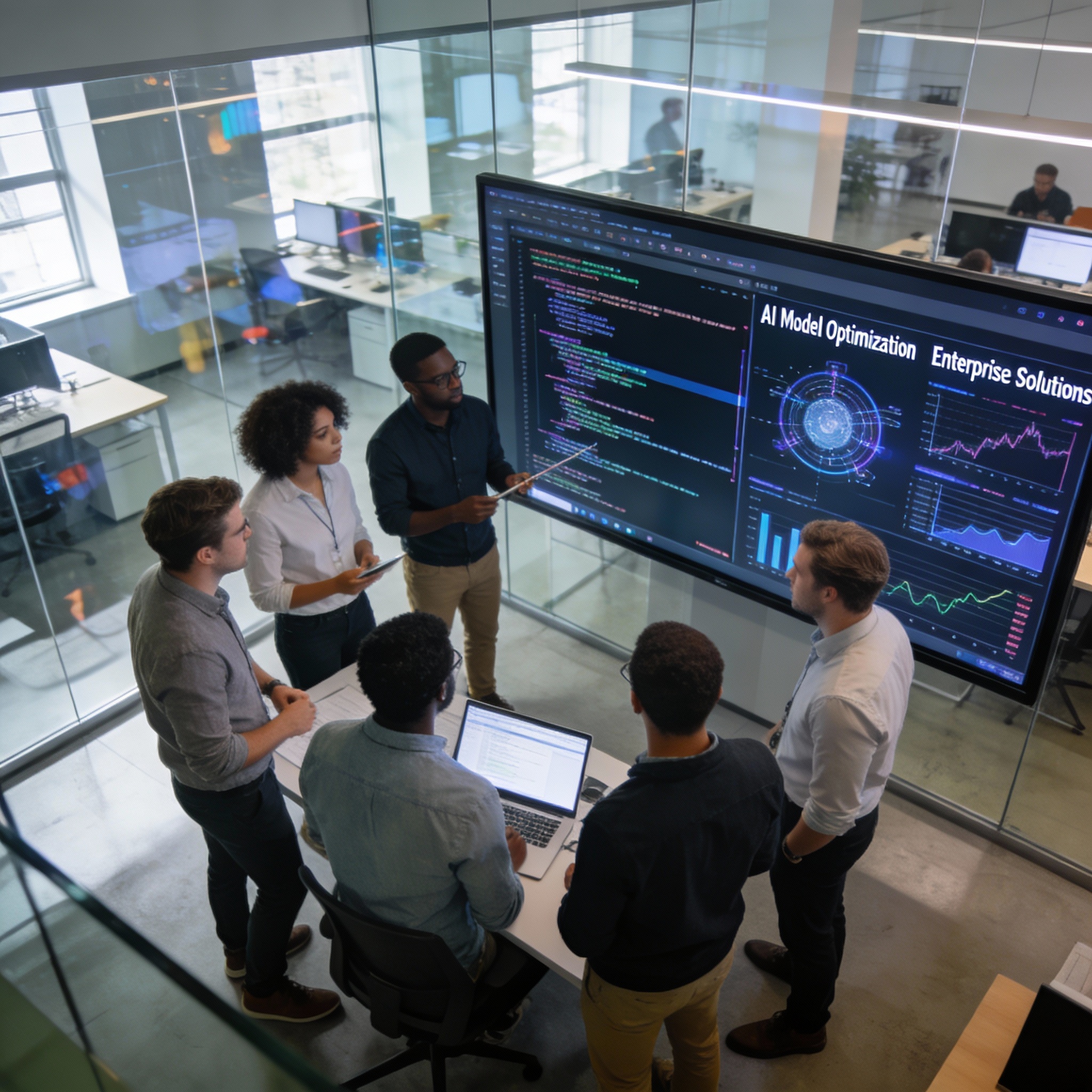 Diverse team of engineers collaborating in a modern office, working on AI model optimization and enterprise solutions.