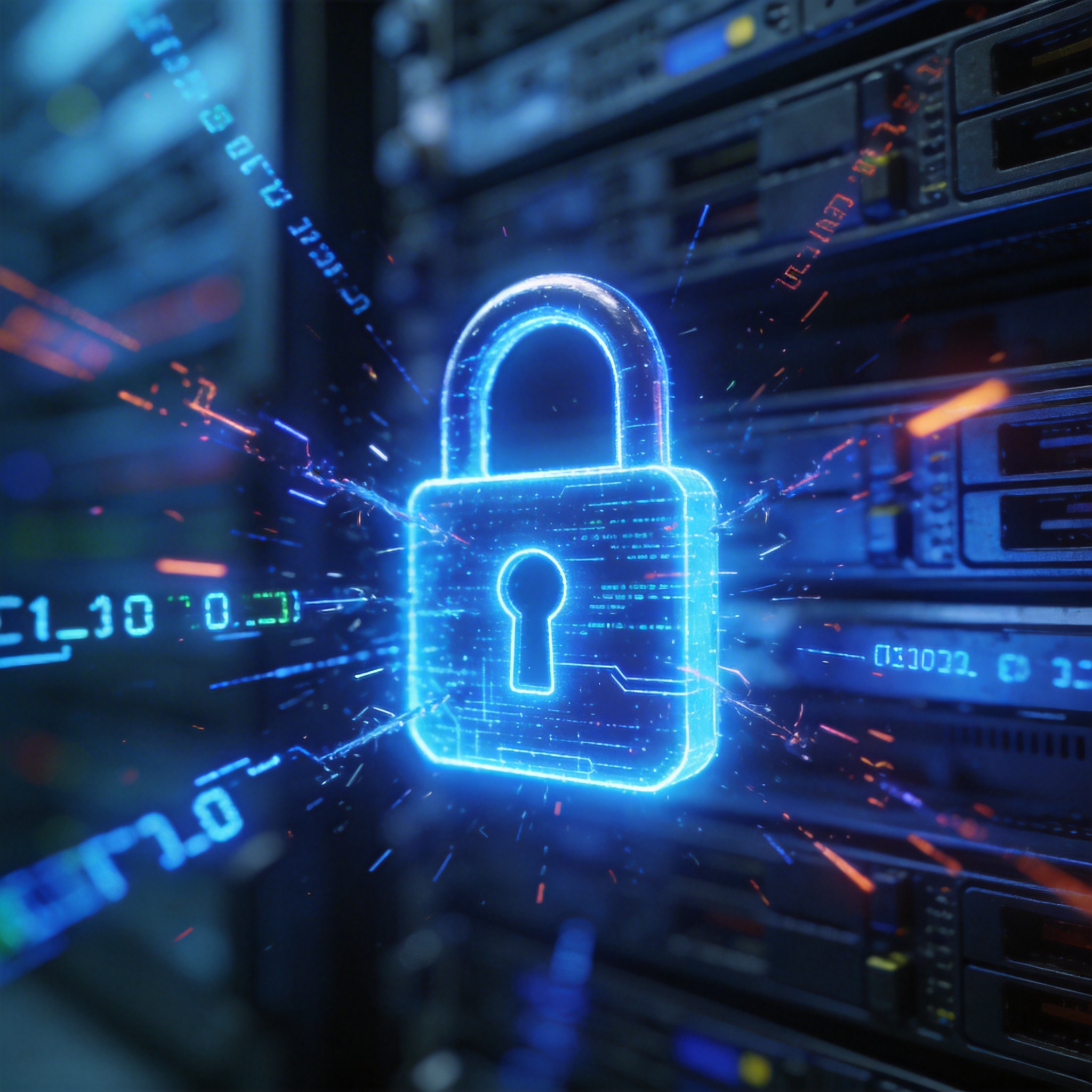 Digital padlock representing security, with code streams attempting to breach it.
