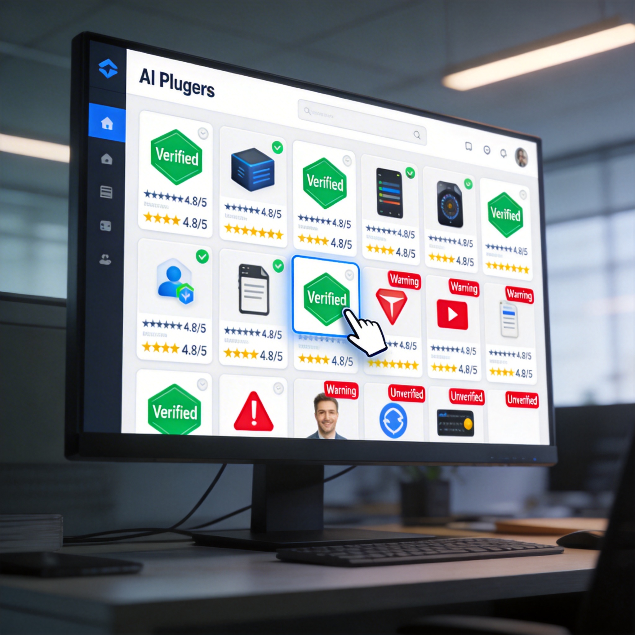 Digital marketplace interface for AI plugins, showing verified and unverified options.