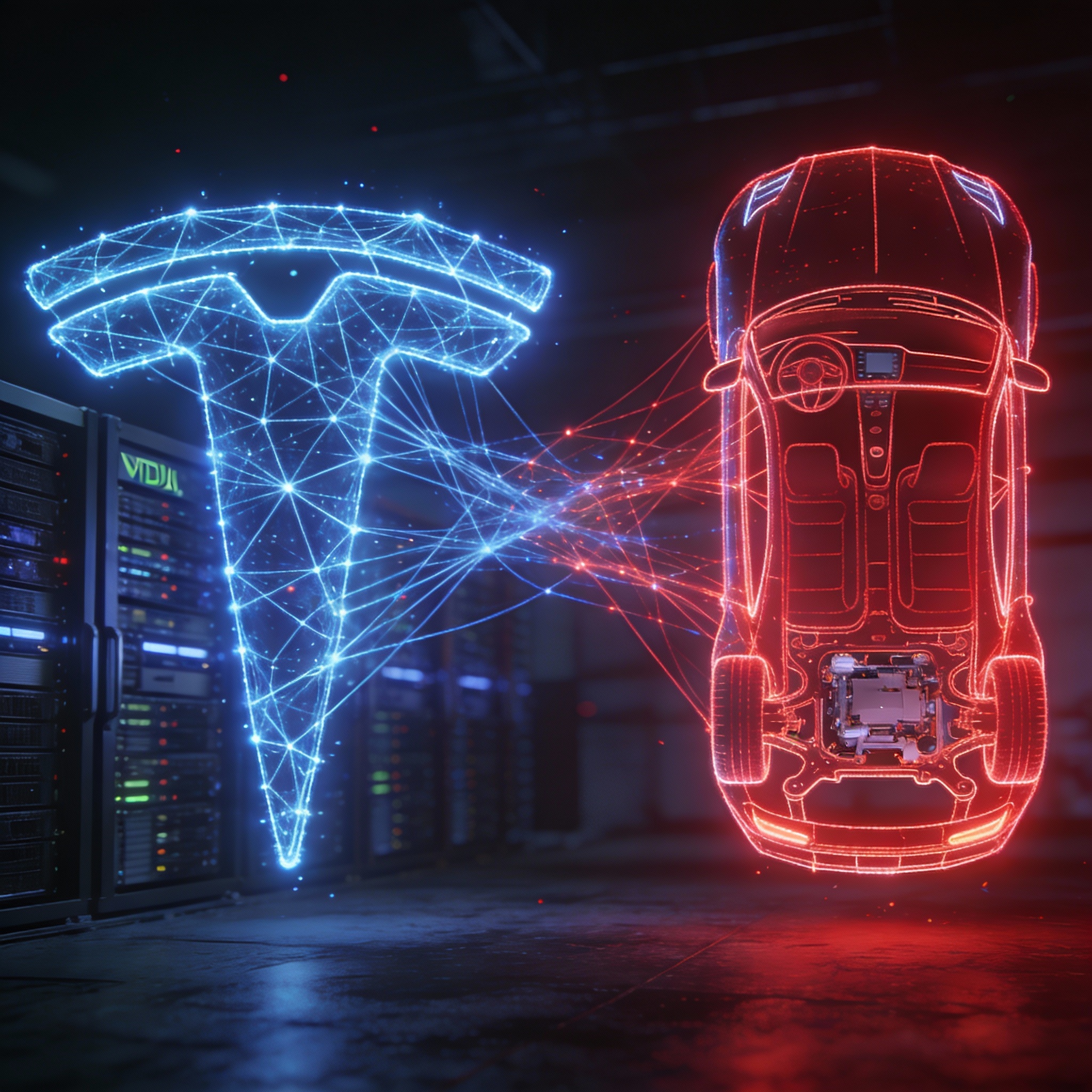 Two distinct, glowing neural network patterns, one blue (NVIDIA) and one red (Tesla), intertwined and exchanging data, symbolizing 'co-opetition.'